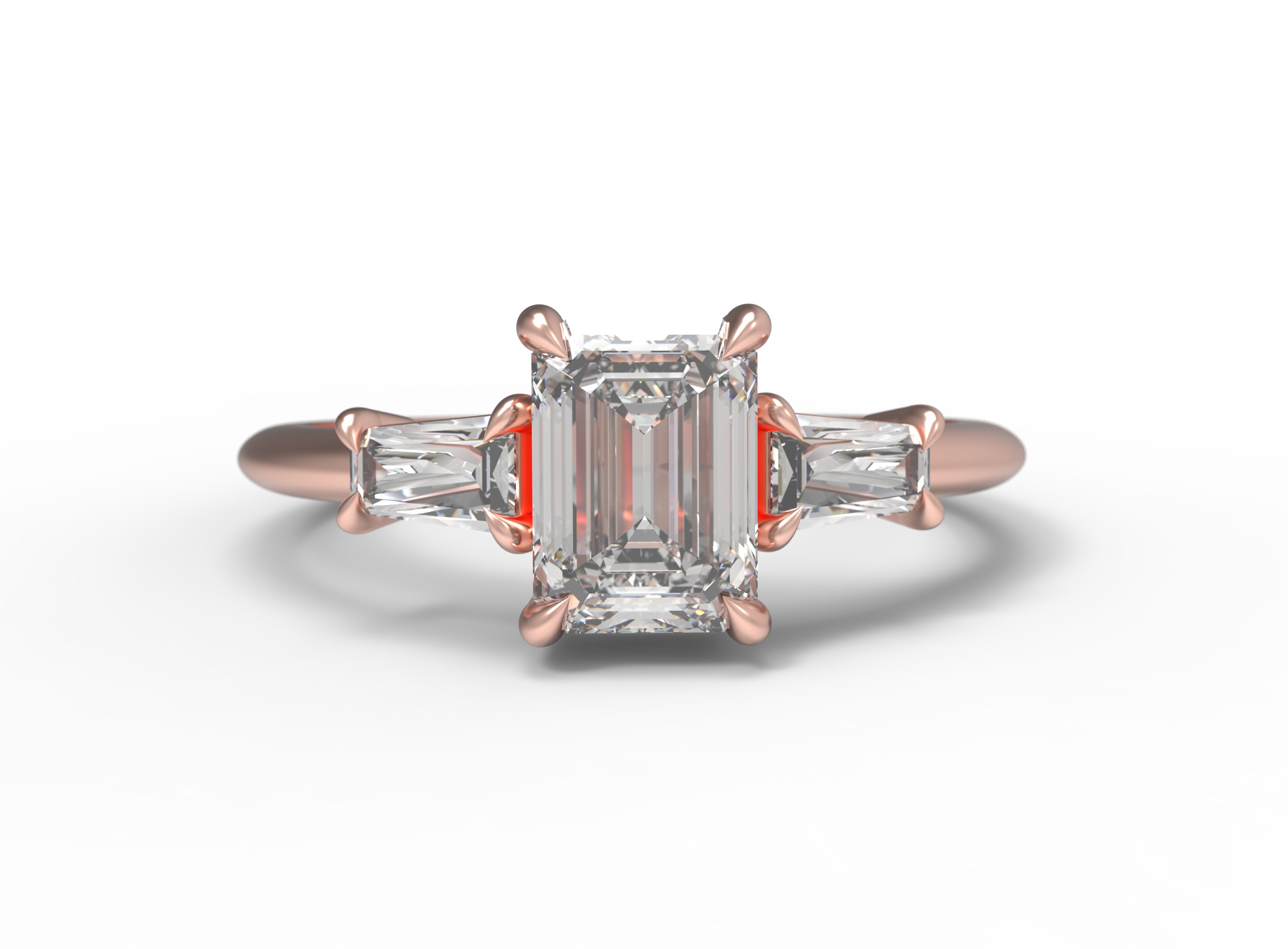 Close up of the Three Stone Adele Solitaire Engagement Ring in rose gold by Fluid Jewellery