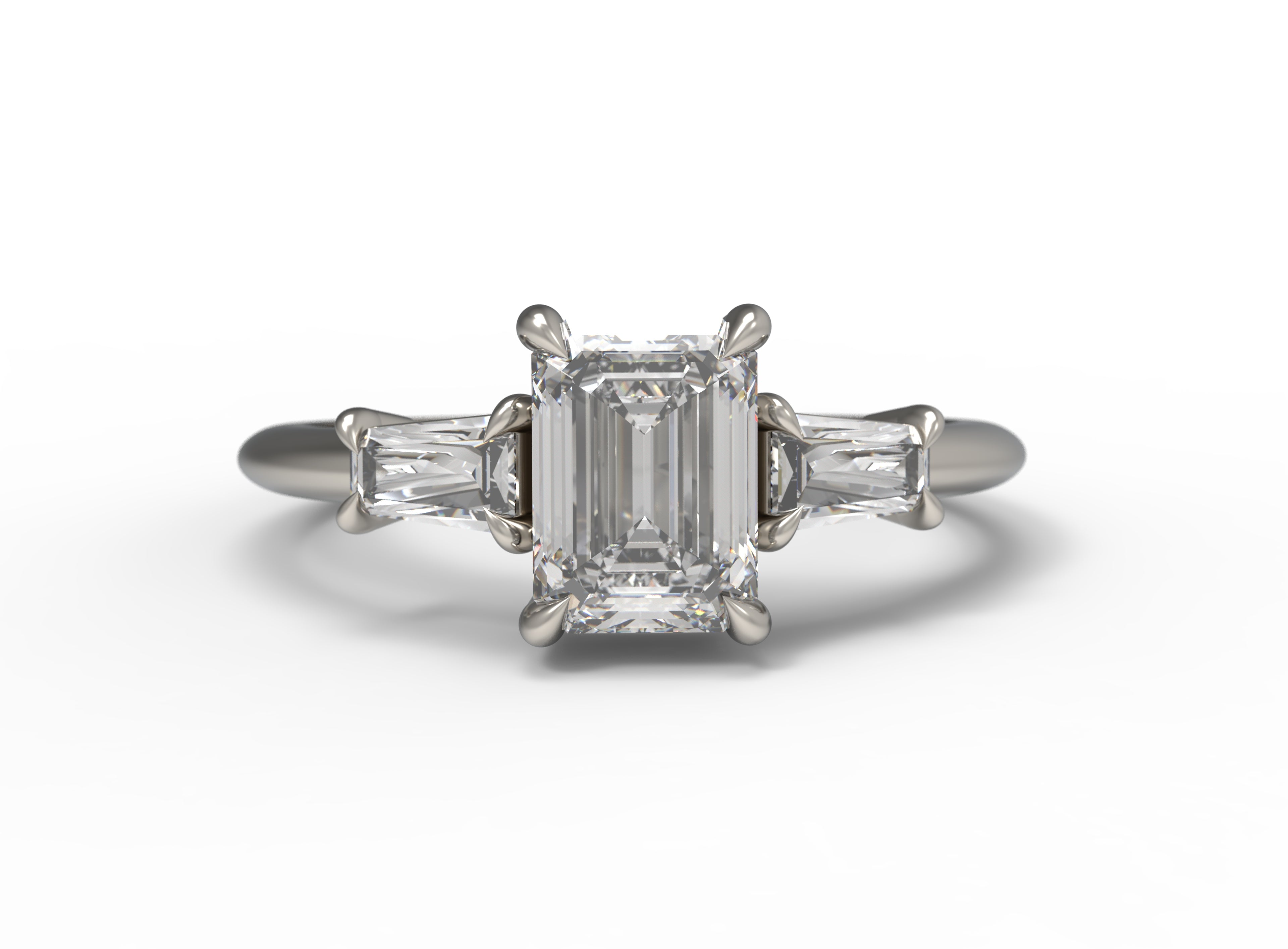 Close up of the Three Stone Adele Solitaire Engagement Ring in white gold by Fluid Jewellery