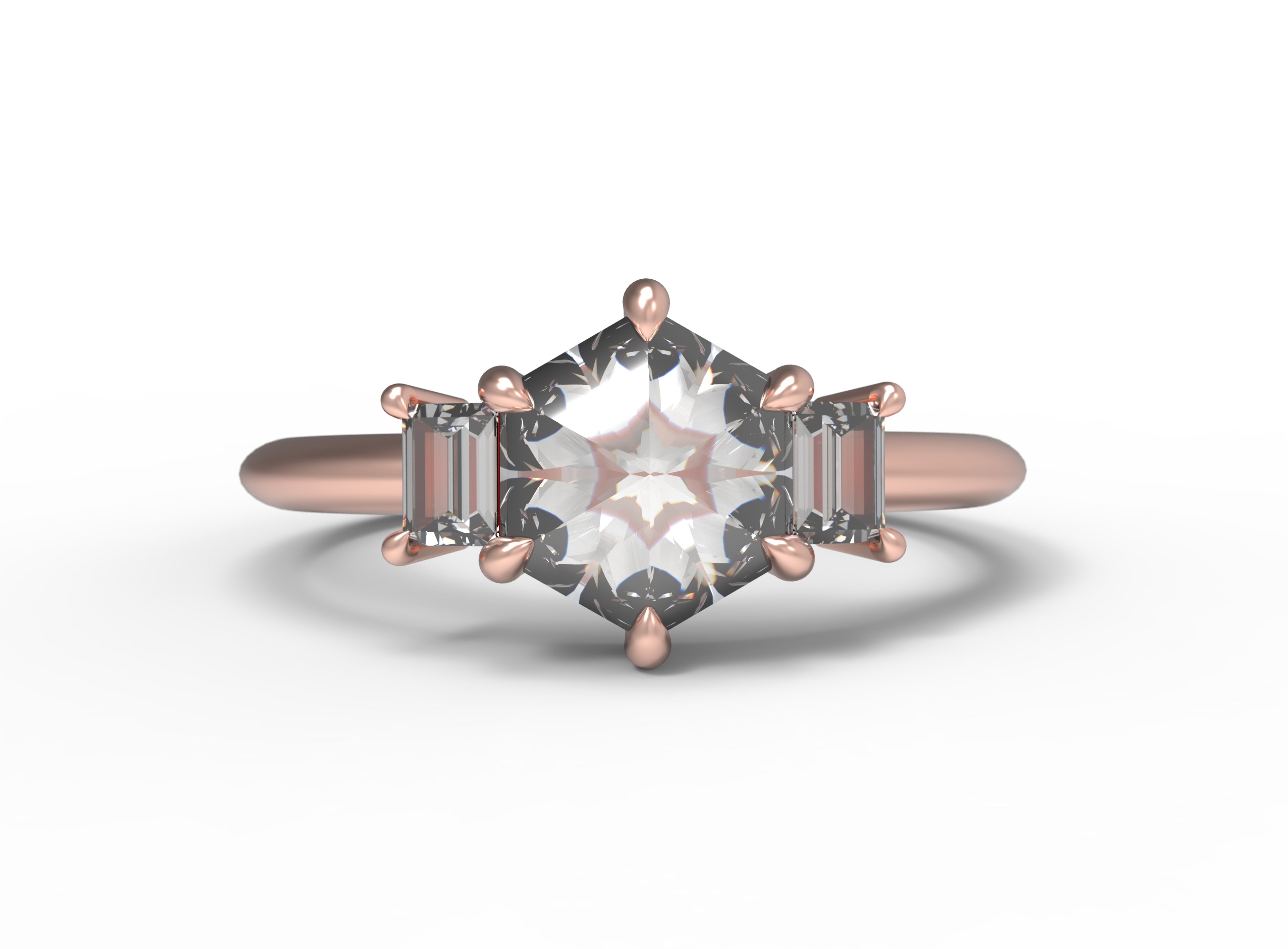 Close up of the Three Stone Alice Solitaire Engagement Ring in rose gold by Fluid Jewellery