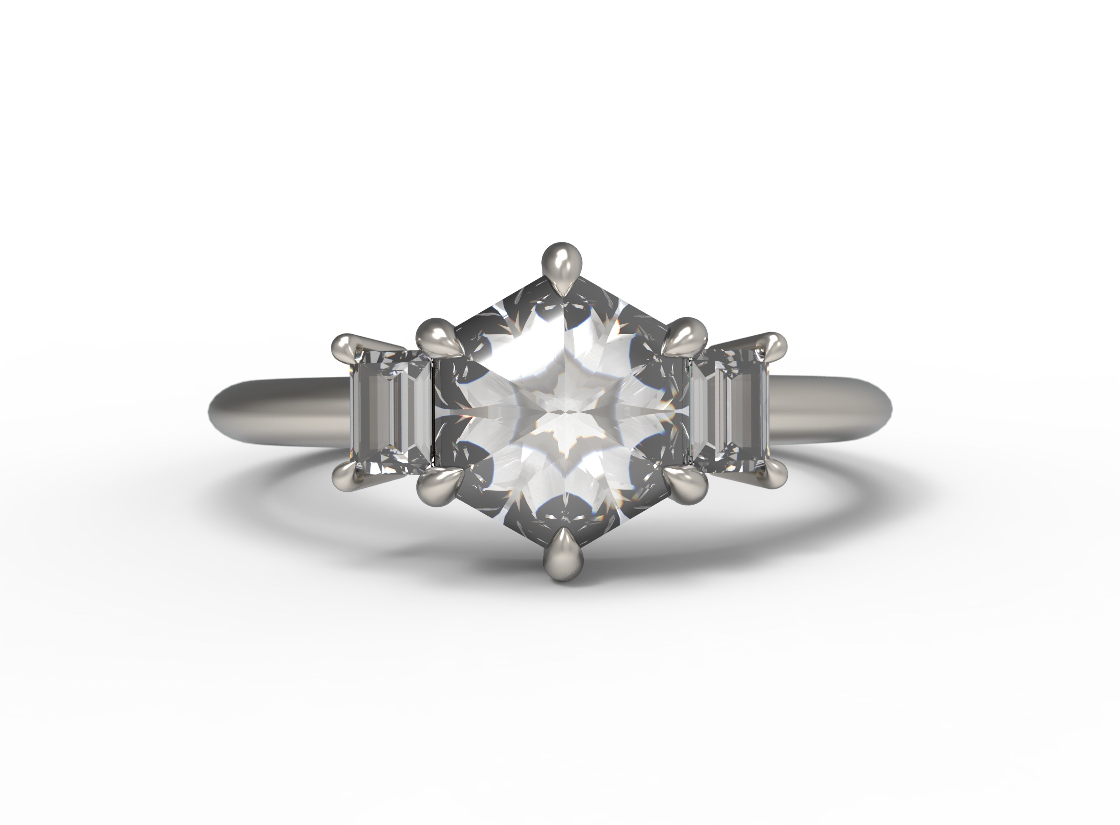Close up of the Three Stone Alice Solitaire Engagement Ring in white gold by Fluid Jewellery