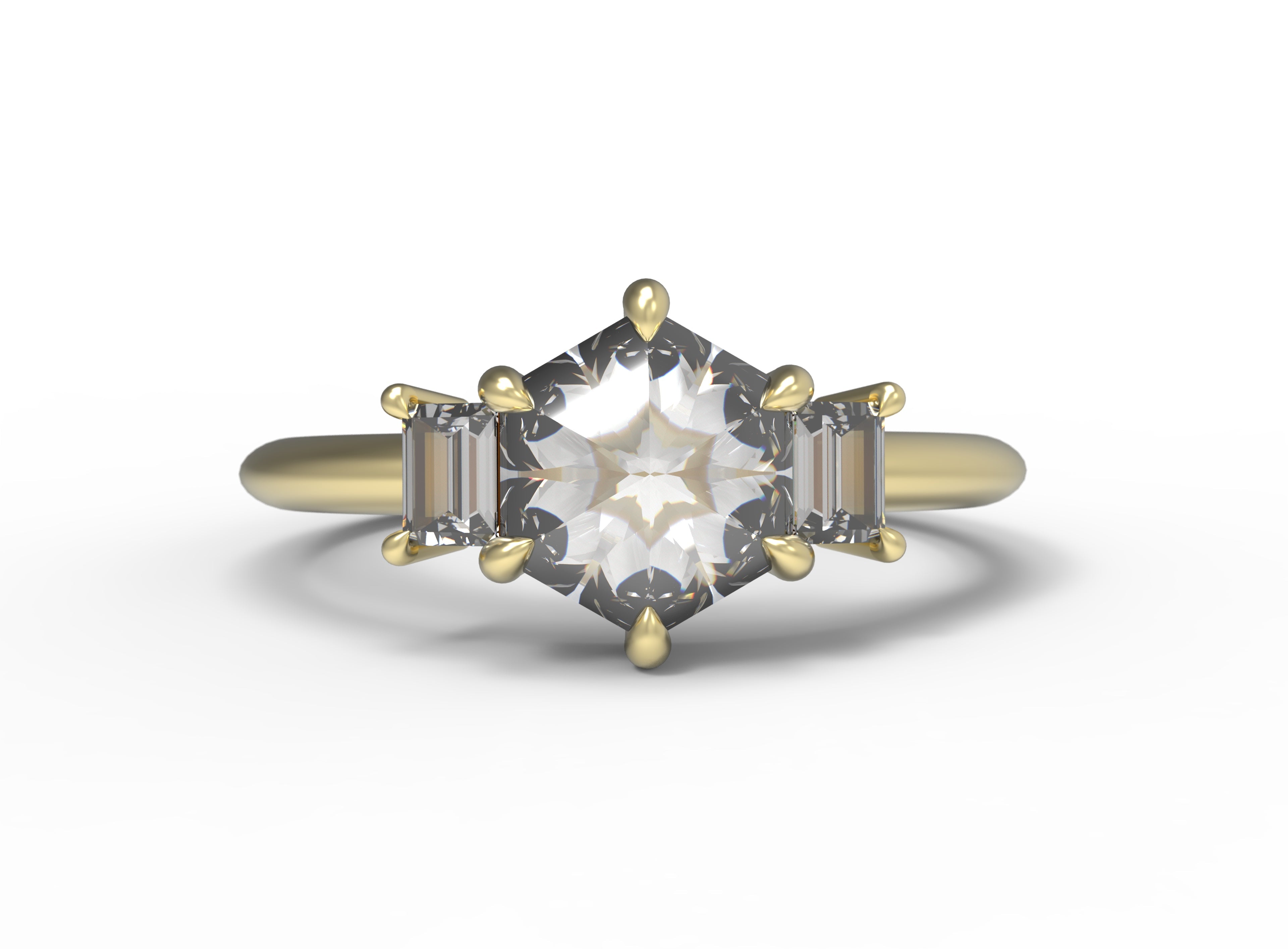 Close up of the Three Stone Alice Solitaire Engagement Ring in yellow gold by Fluid Jewellery