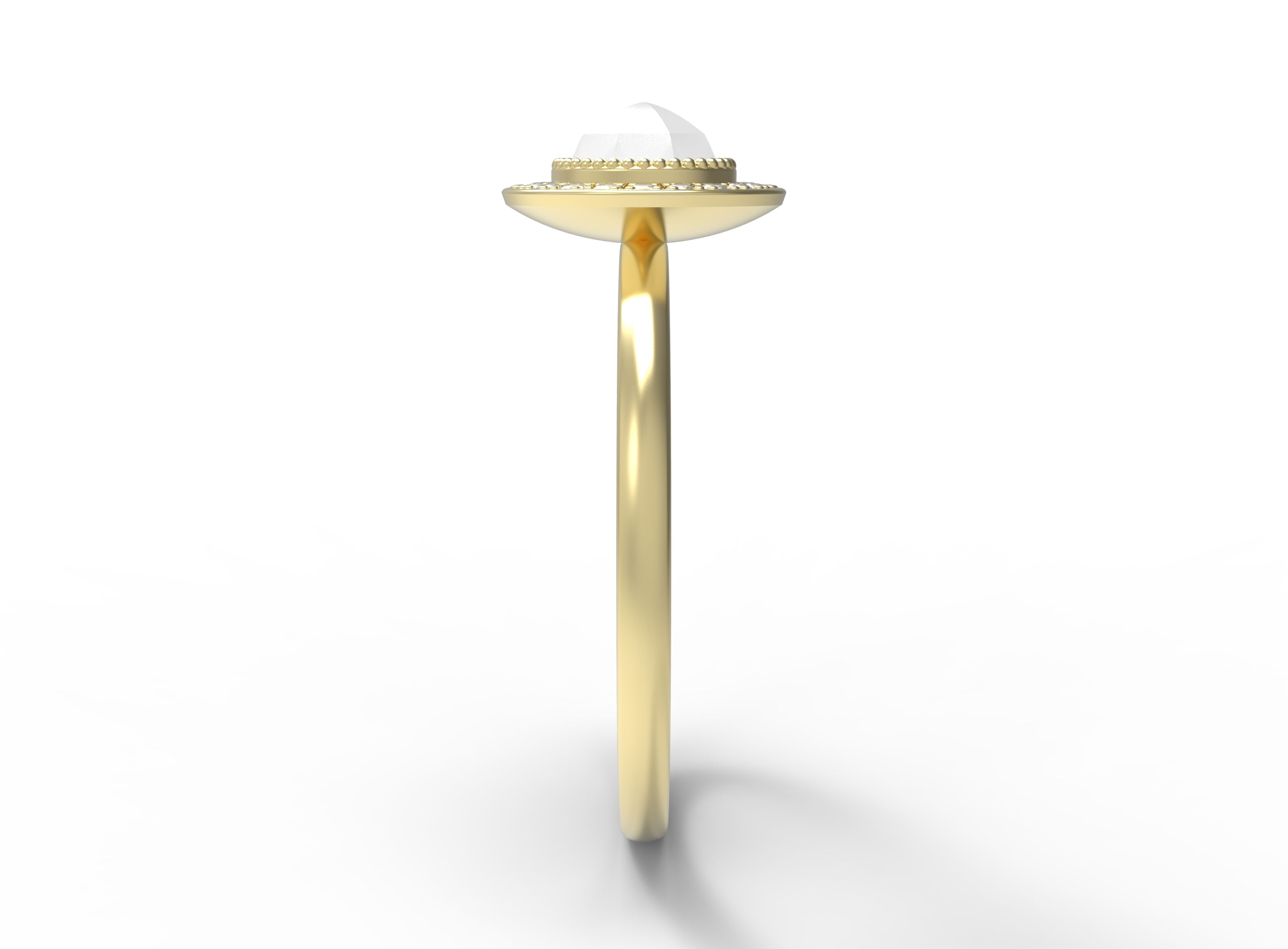Close up of the Halo Aura Solitaire Engagement Ring in yellow gold by Fluid Jewellery 2