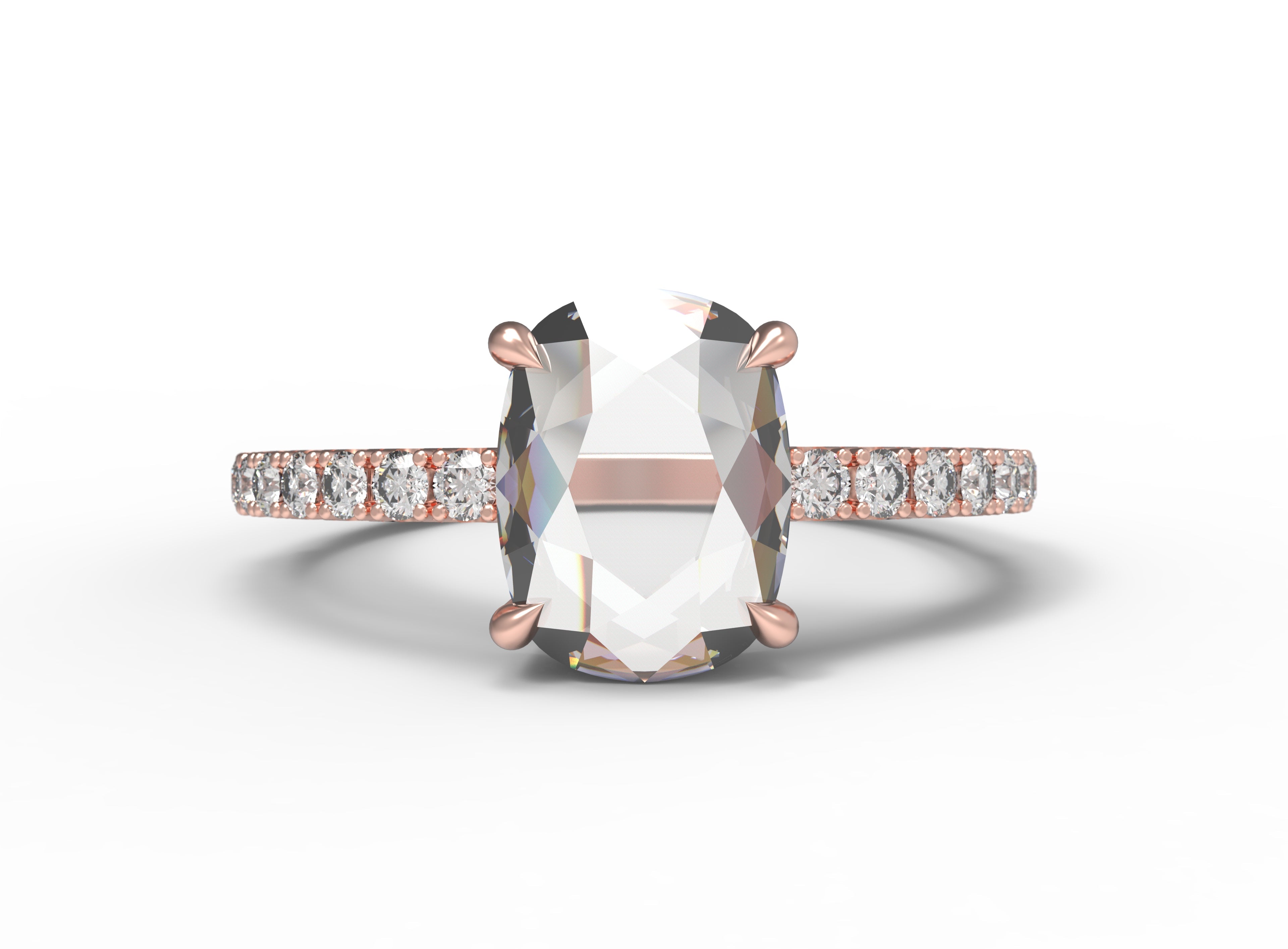 Close up of the Chloe Solitaire Engagement Ring in rose gold by Fluid Jewellery