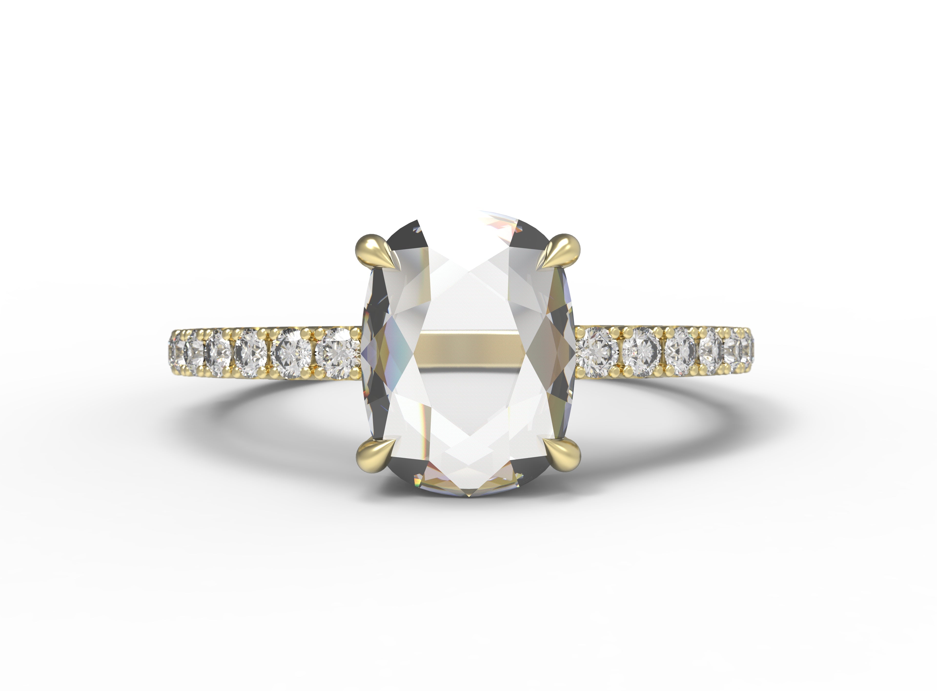Close up of the Avery Solitaire Engagement Ring in yellow gold by Fluid Jewellery
