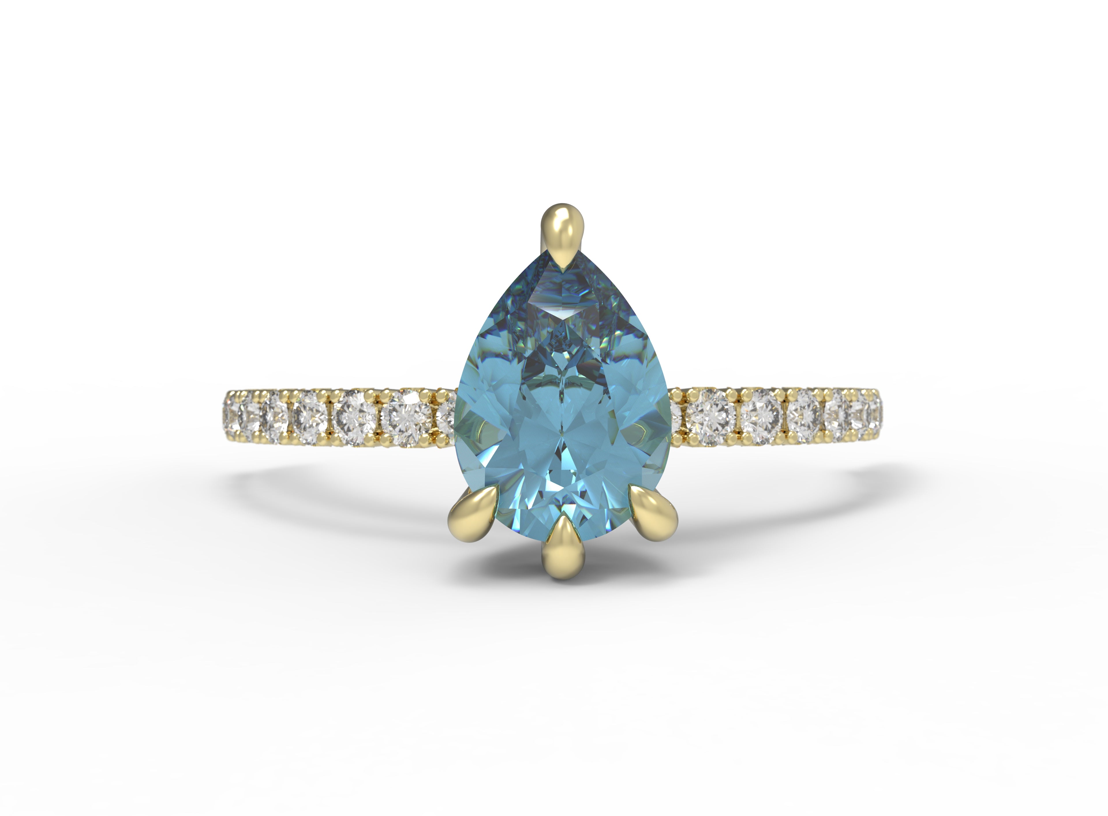 Close up of the Accented Edith Solitaire Engagement Ring in gold with sapphire by Fluid Jewellery