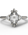 Close up of the Three Stone Elizabeth Engagement Ring in white gold by Fluid Jewellery