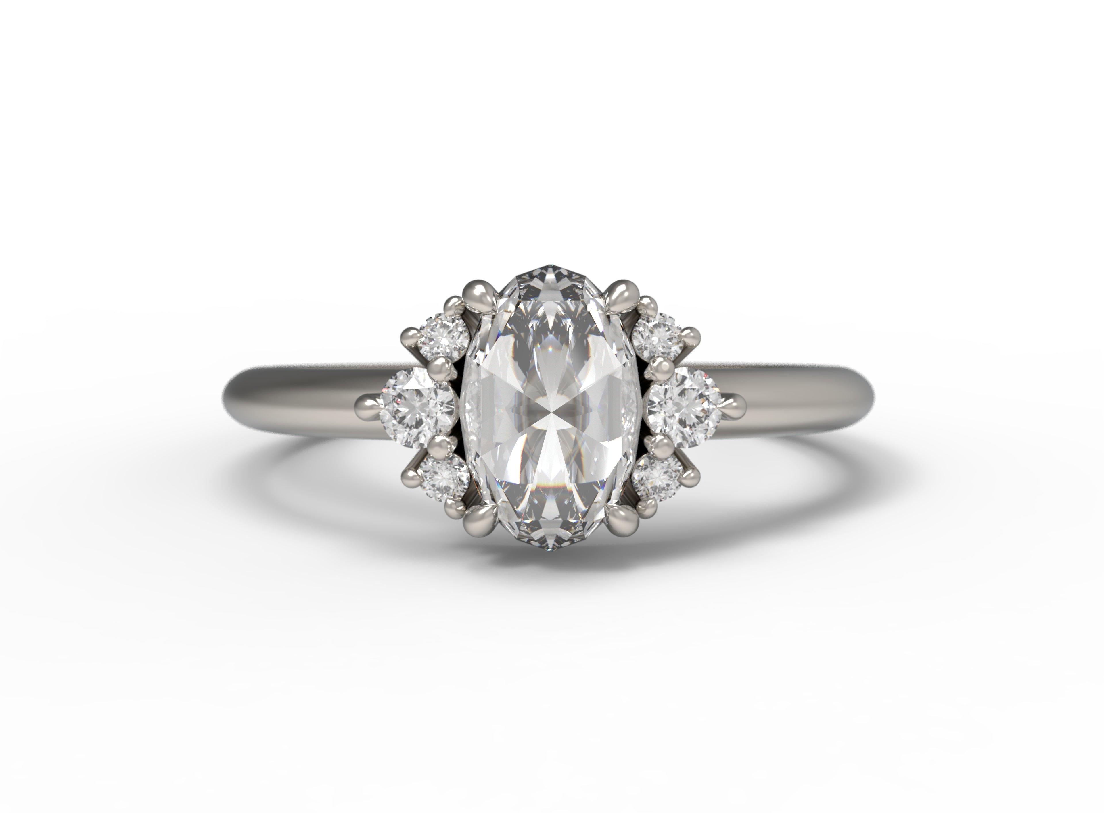Close up of the Cluster Matilda Solitaire Engagement Ring in white gold by Fluid Jewellery