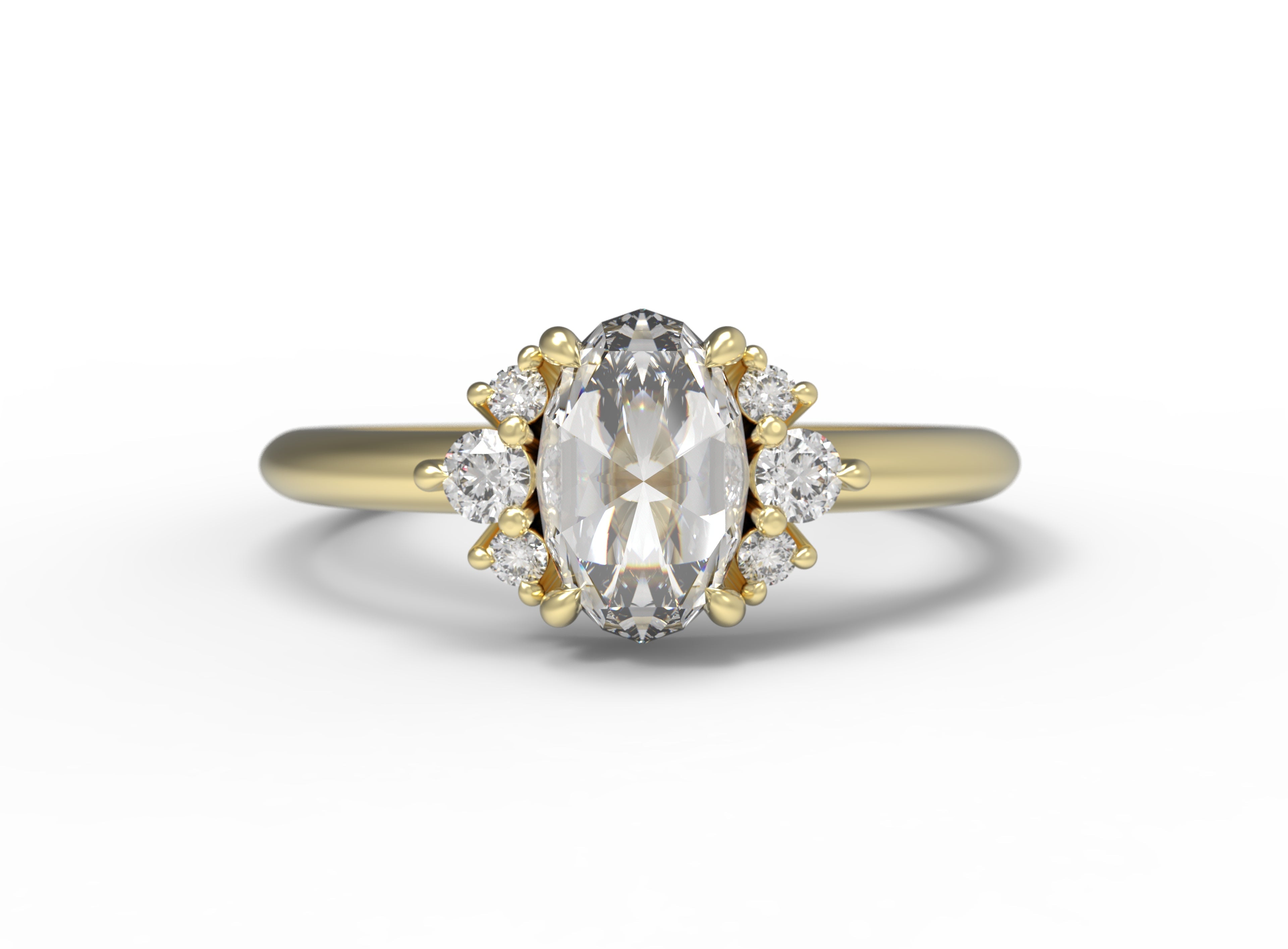 Close up of the Cluster Matilda Solitaire Engagement Ring in yellow gold by Fluid Jewellery