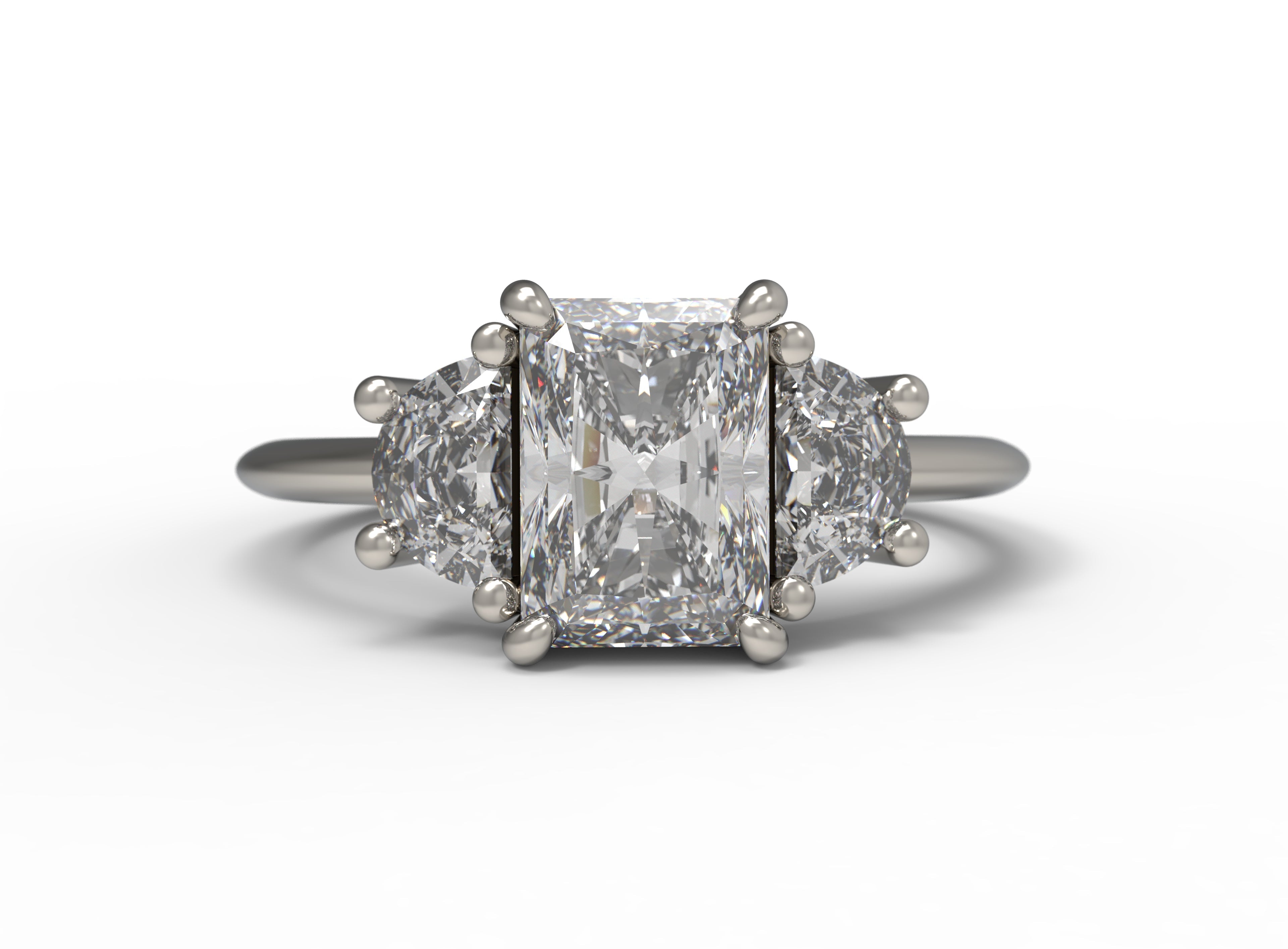 Close up of the Three Stone Merike Engagement Ring in white gold by Fluid Jewellery