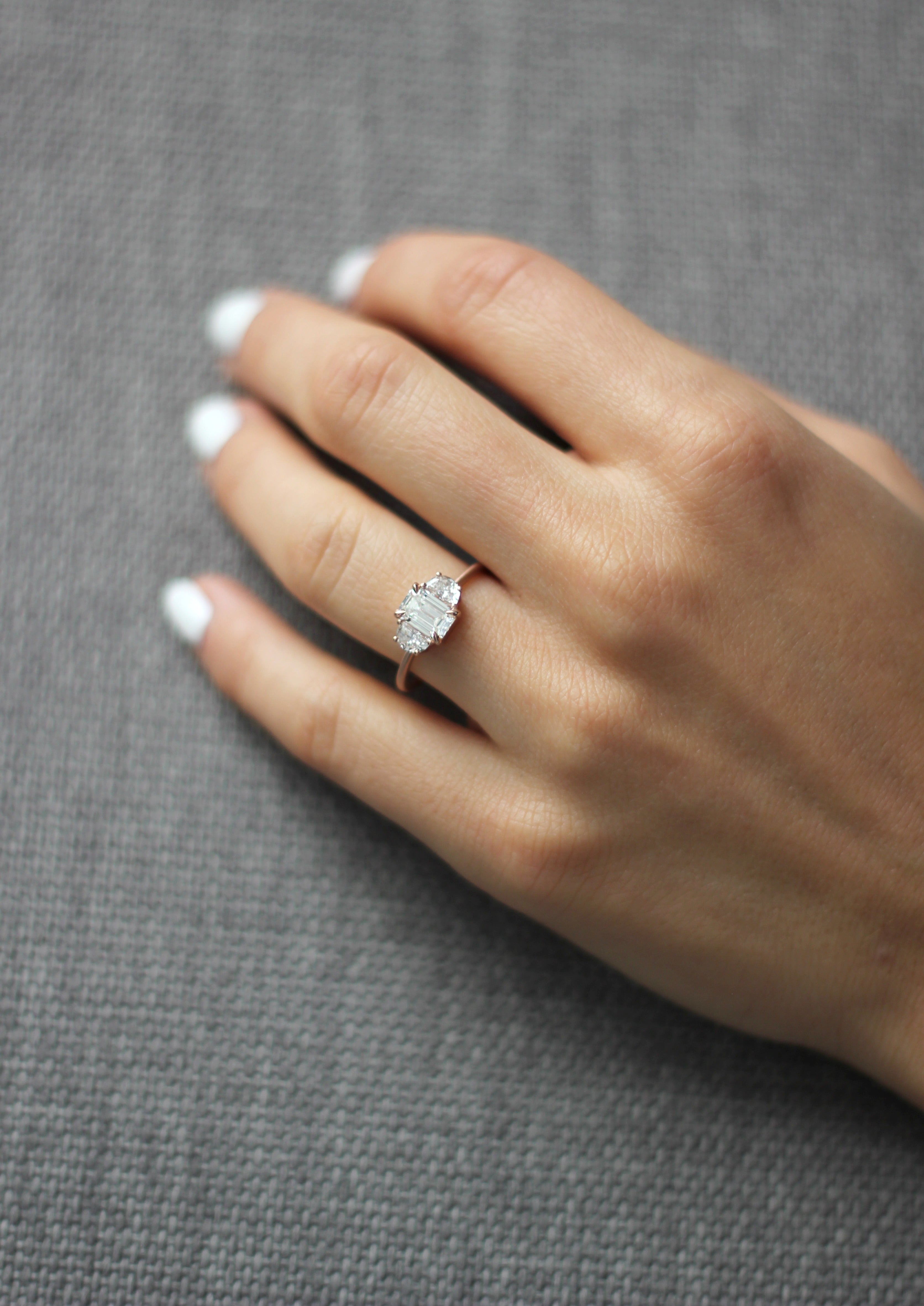 Model wearing the Three Stone Merike Engagement Ring by Fluid Jewellery 2