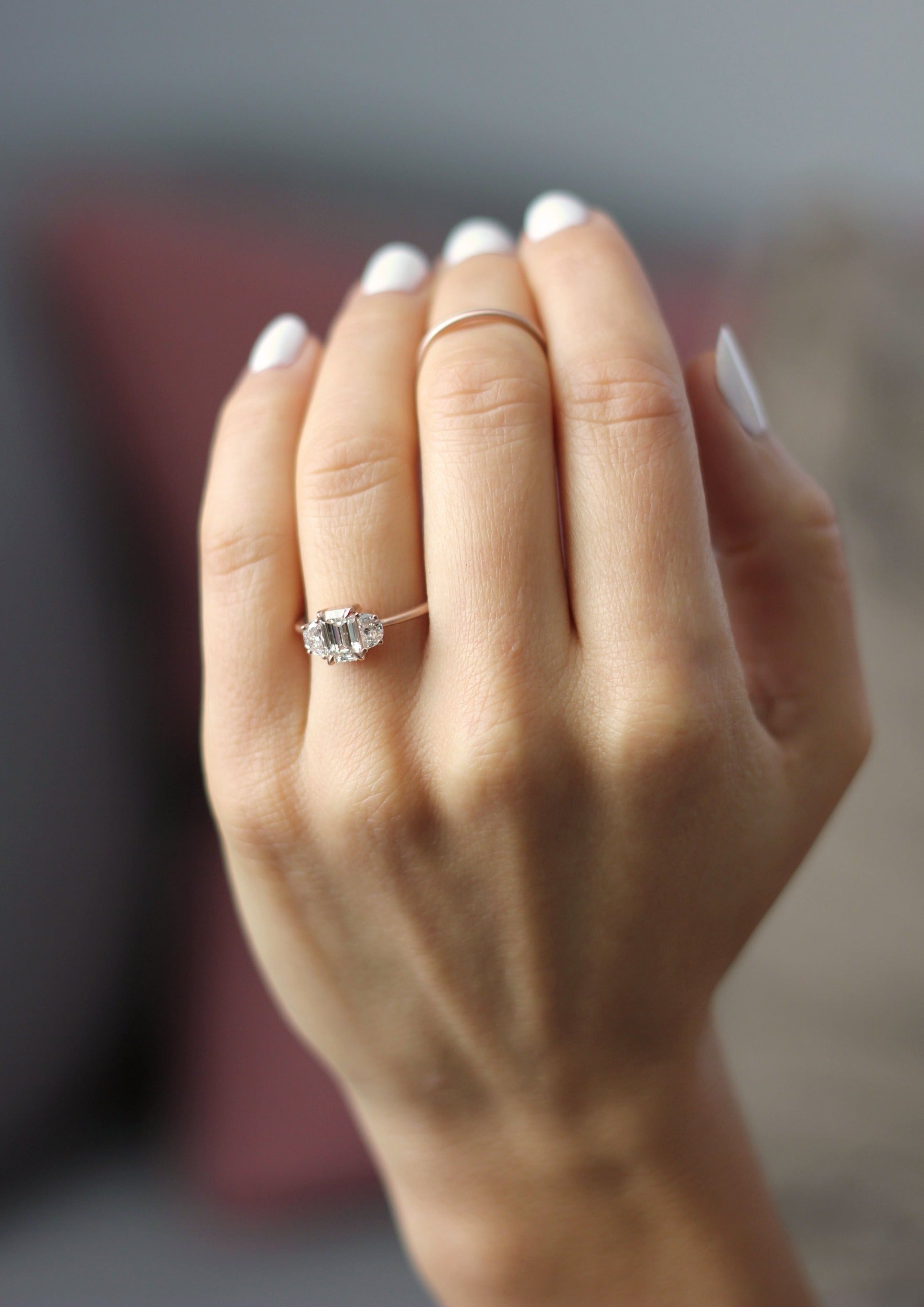 Model wearing the Three Stone Merike Engagement Ring by Fluid Jewellery 3