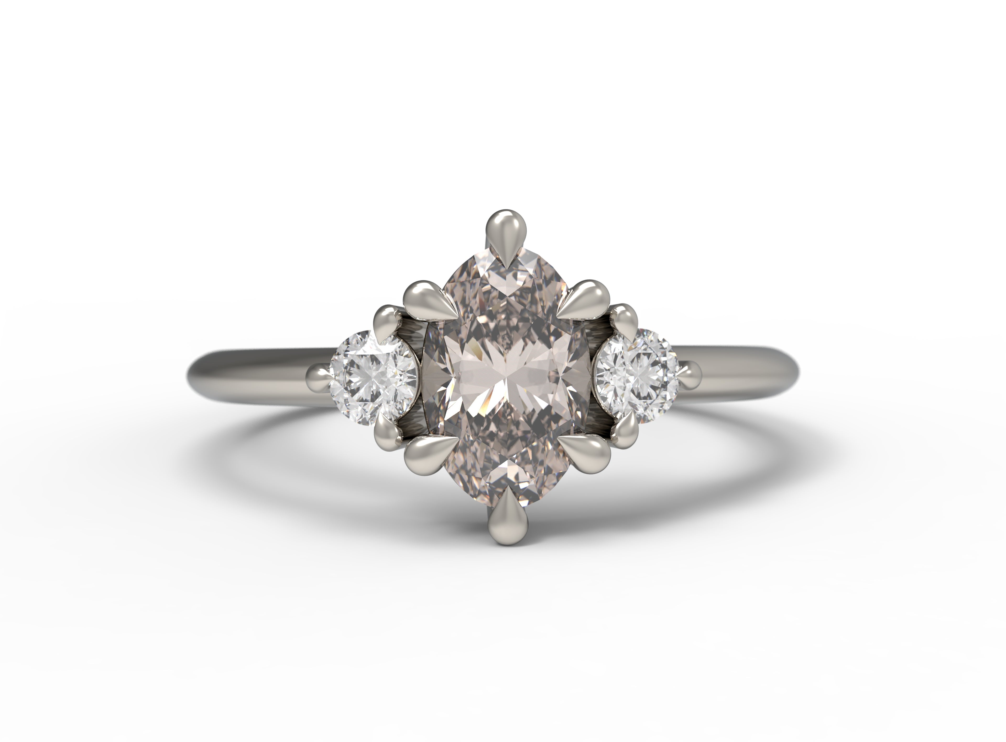 Close up of the Three Stone Rebecca Solitaire Engagement Ring in white gold by Fluid Jewellery