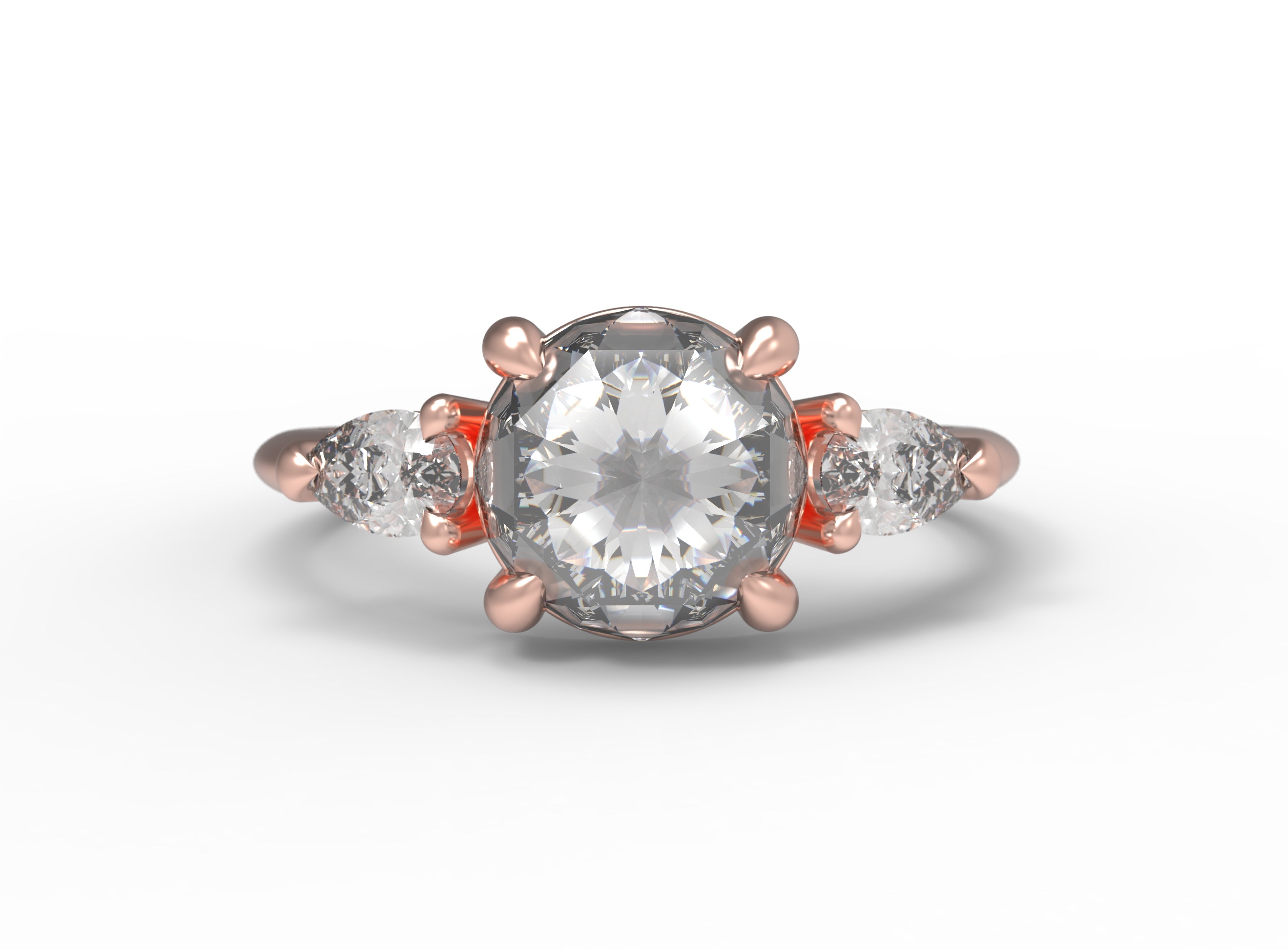 Close up of the Three Stone Sadie Engagement Ring in yellow gold by Fluid Jewellery