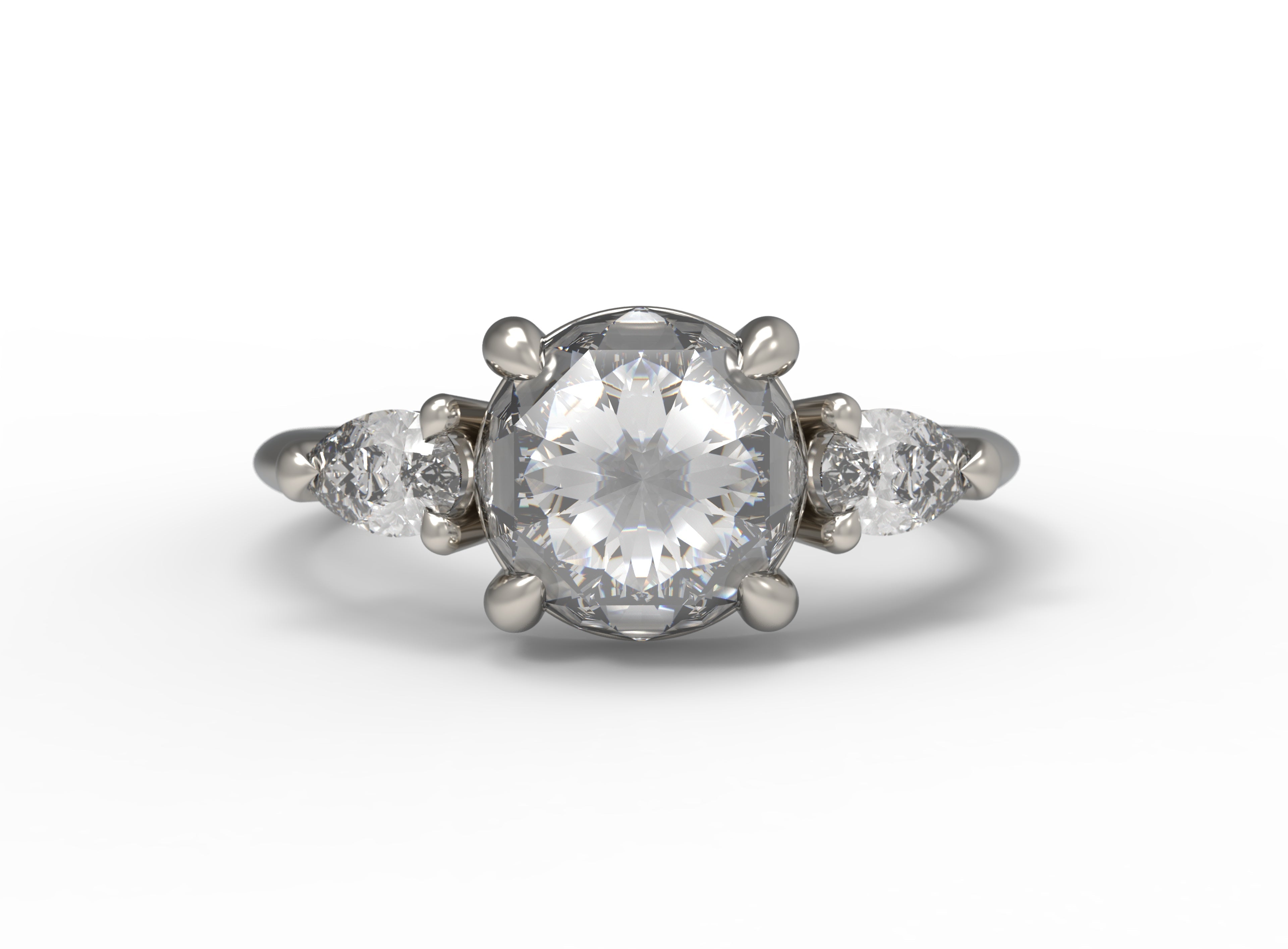 Close up of the Three Stone Sadie Engagement Ring in white gold by Fluid Jewellery