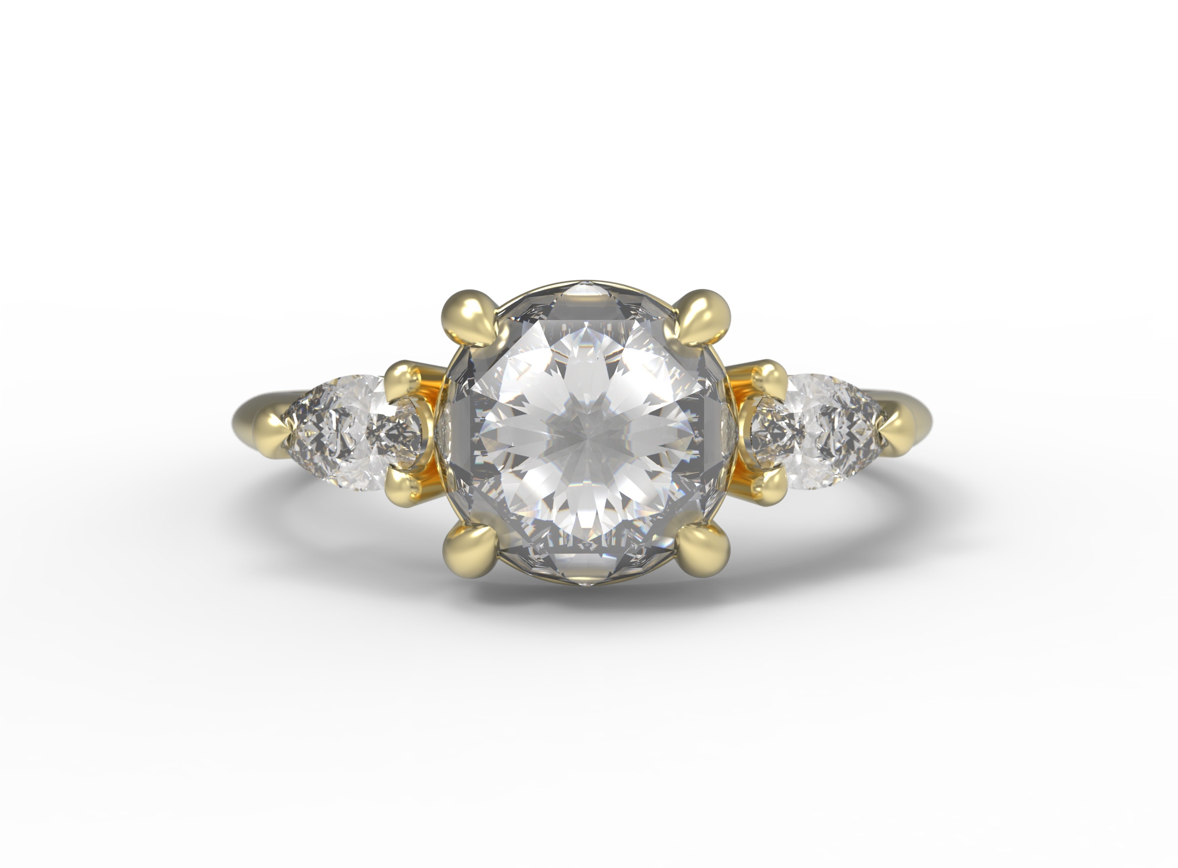 Close up of the Three Stone Sadie Engagement Ring in yellow gold by Fluid Jewellery