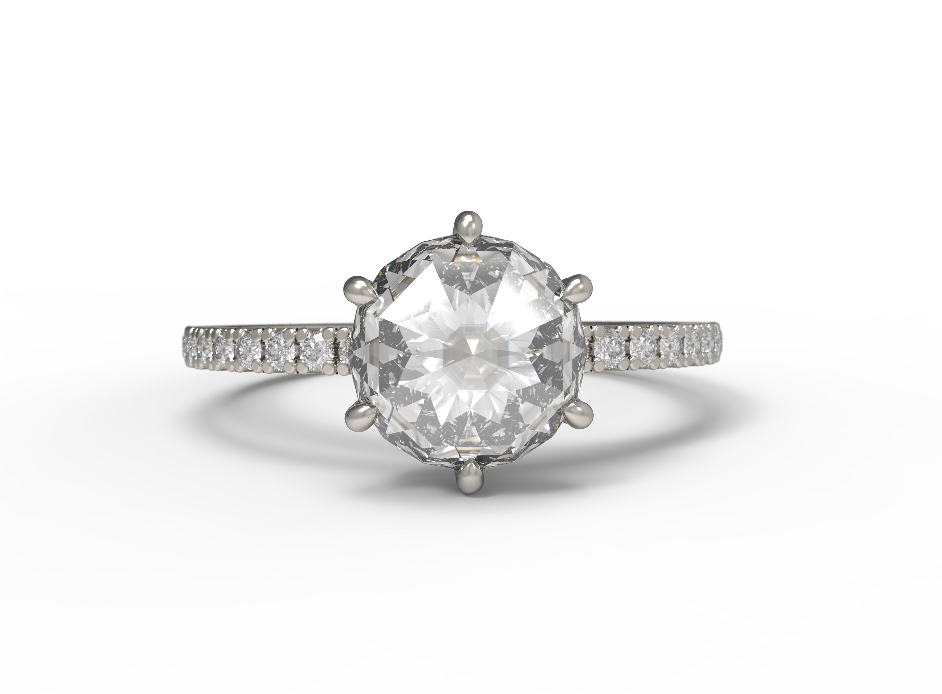 Close up of the Accented Zoe Solitaire Engagement Ring in white gold by Fluid Jewellery