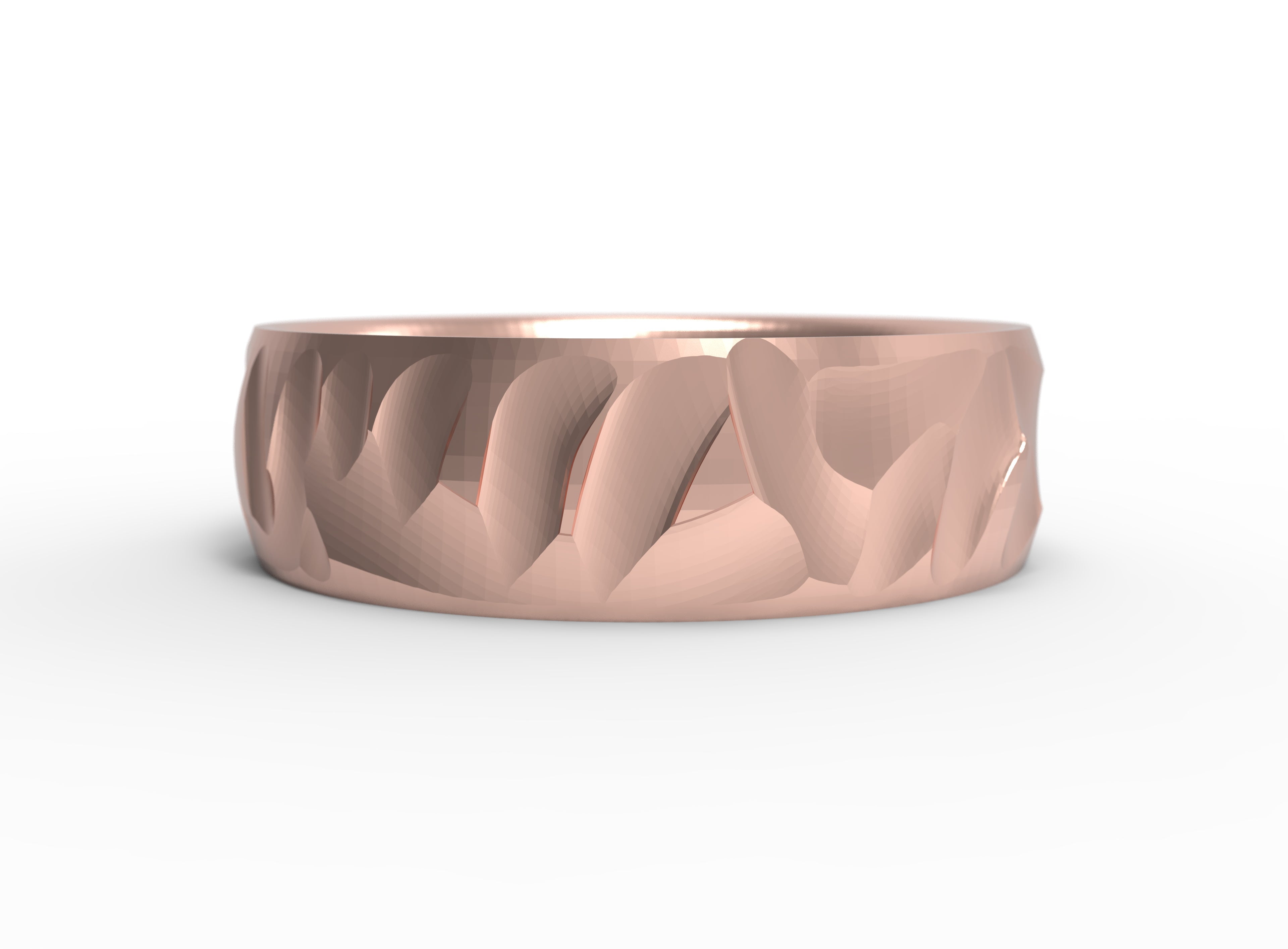 Close up of the mens Wave wedding band in rose gold