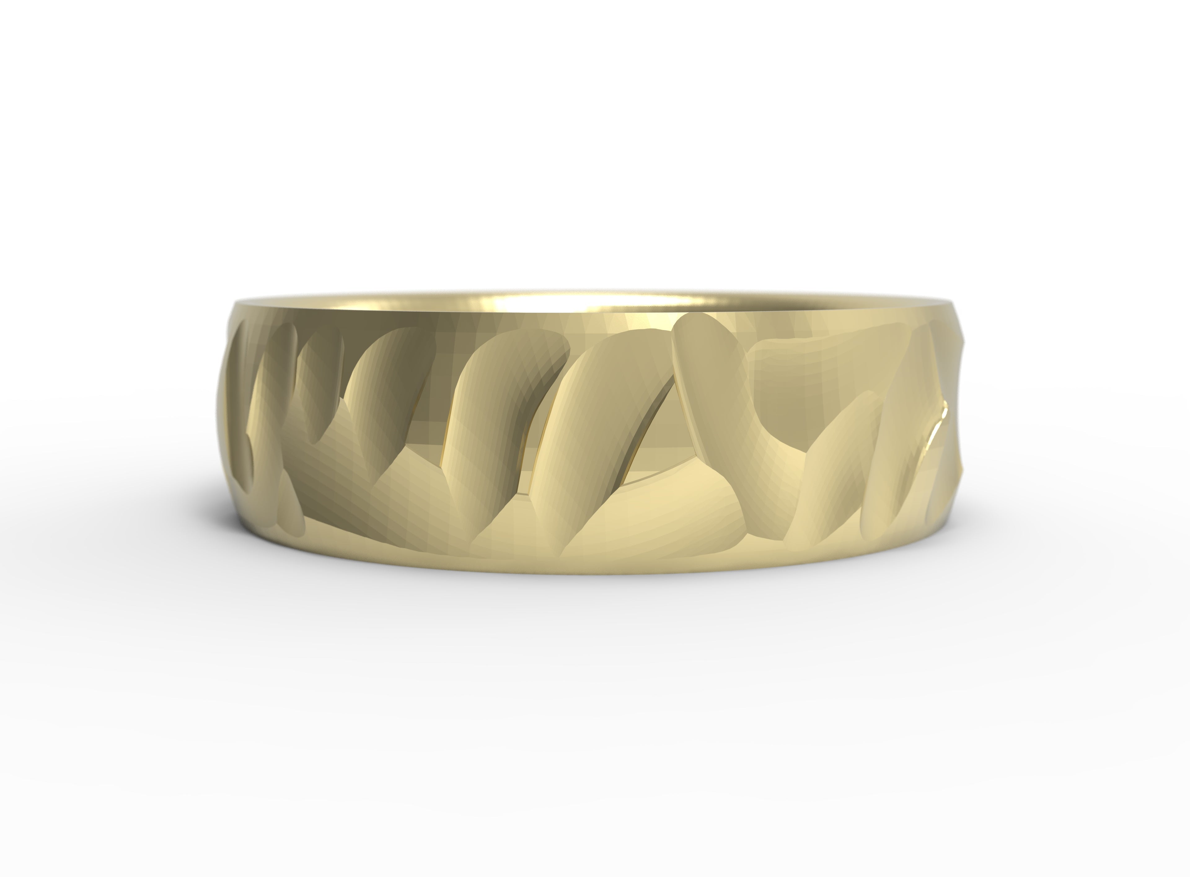 Close up of the mens Wave wedding band in yellow gold
