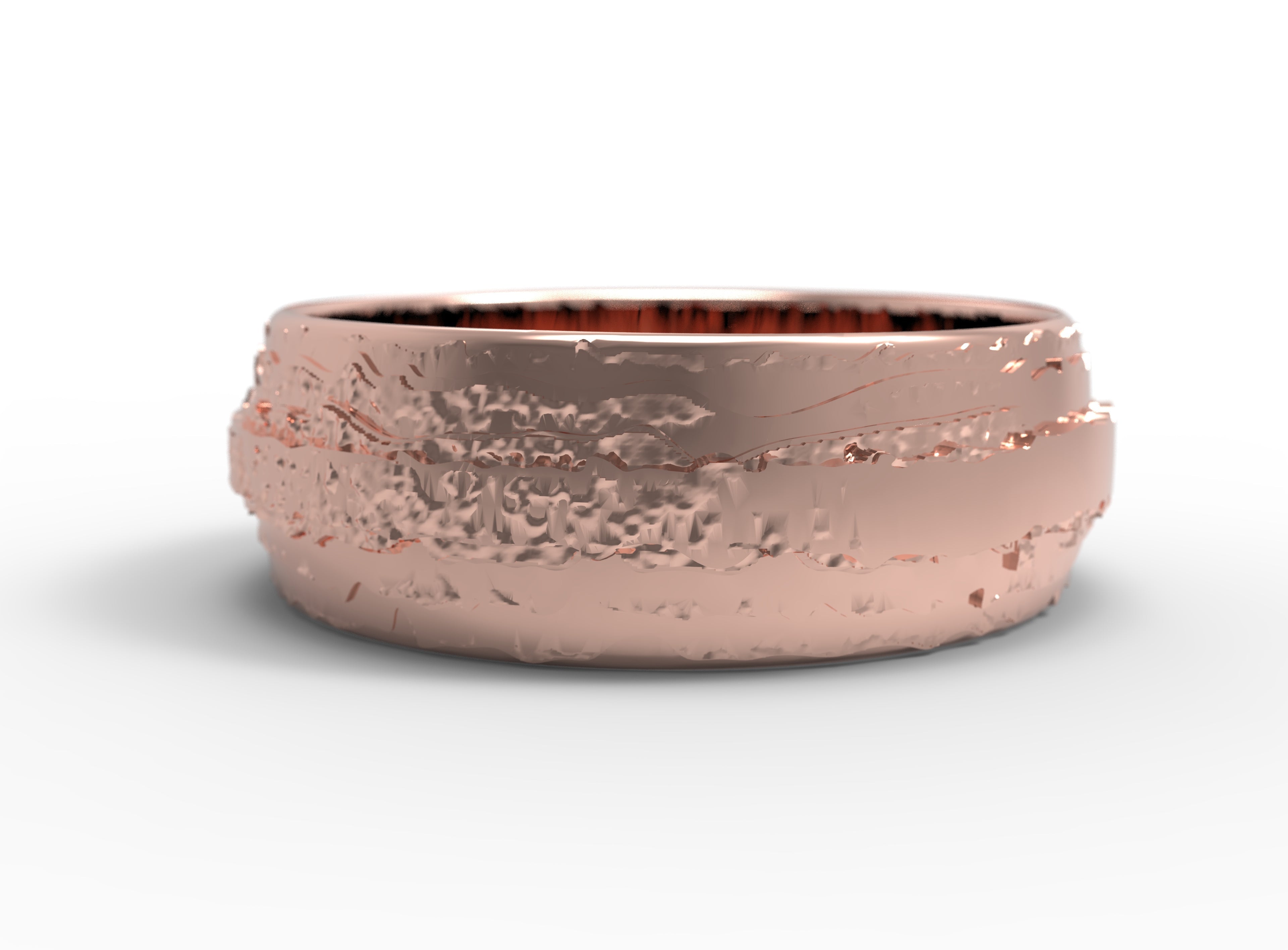 Close up of the mens Woodgrain wedding band in rose gold