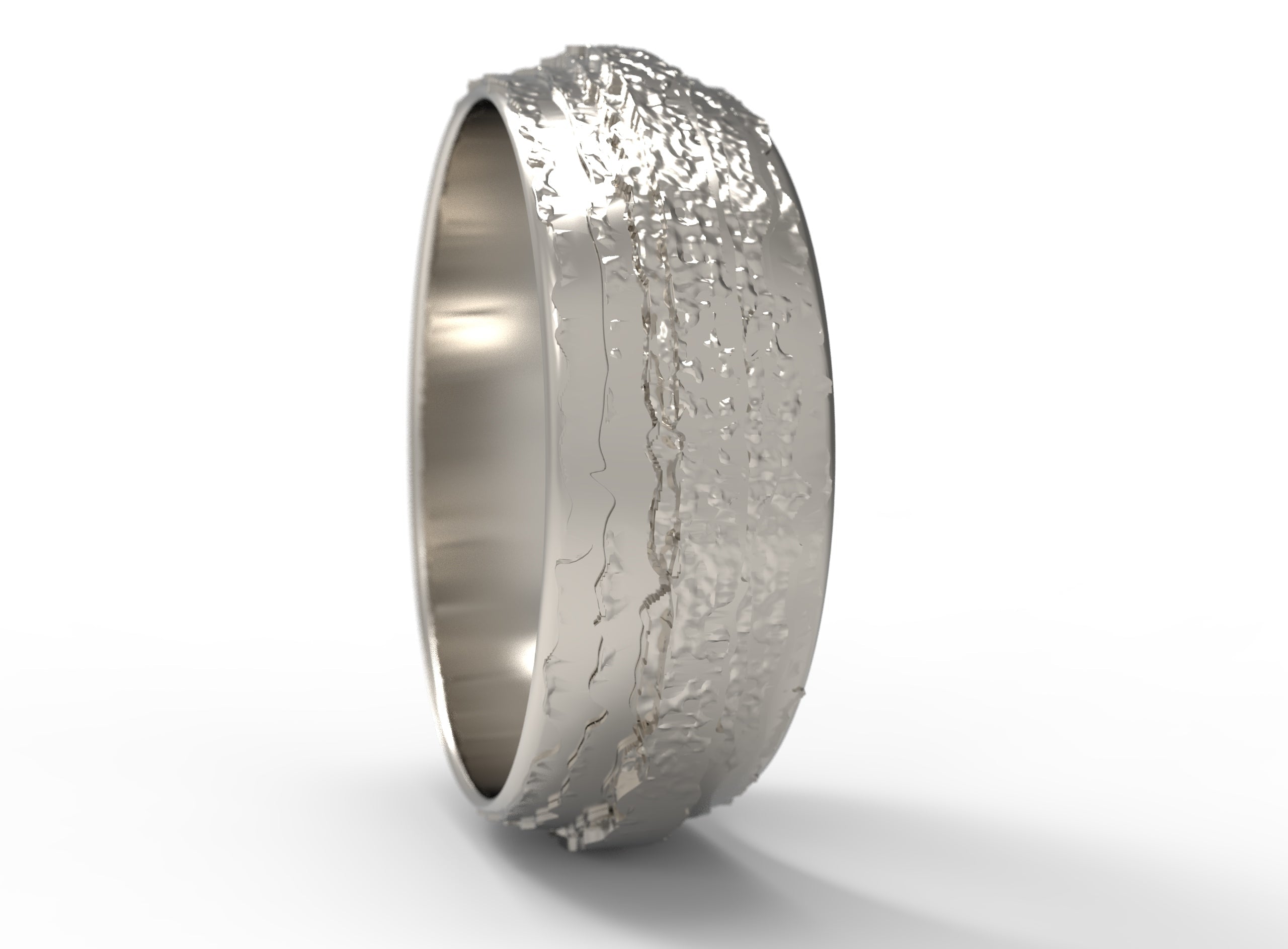 Close up of the mens Woodgrain wedding band in white gold 2
