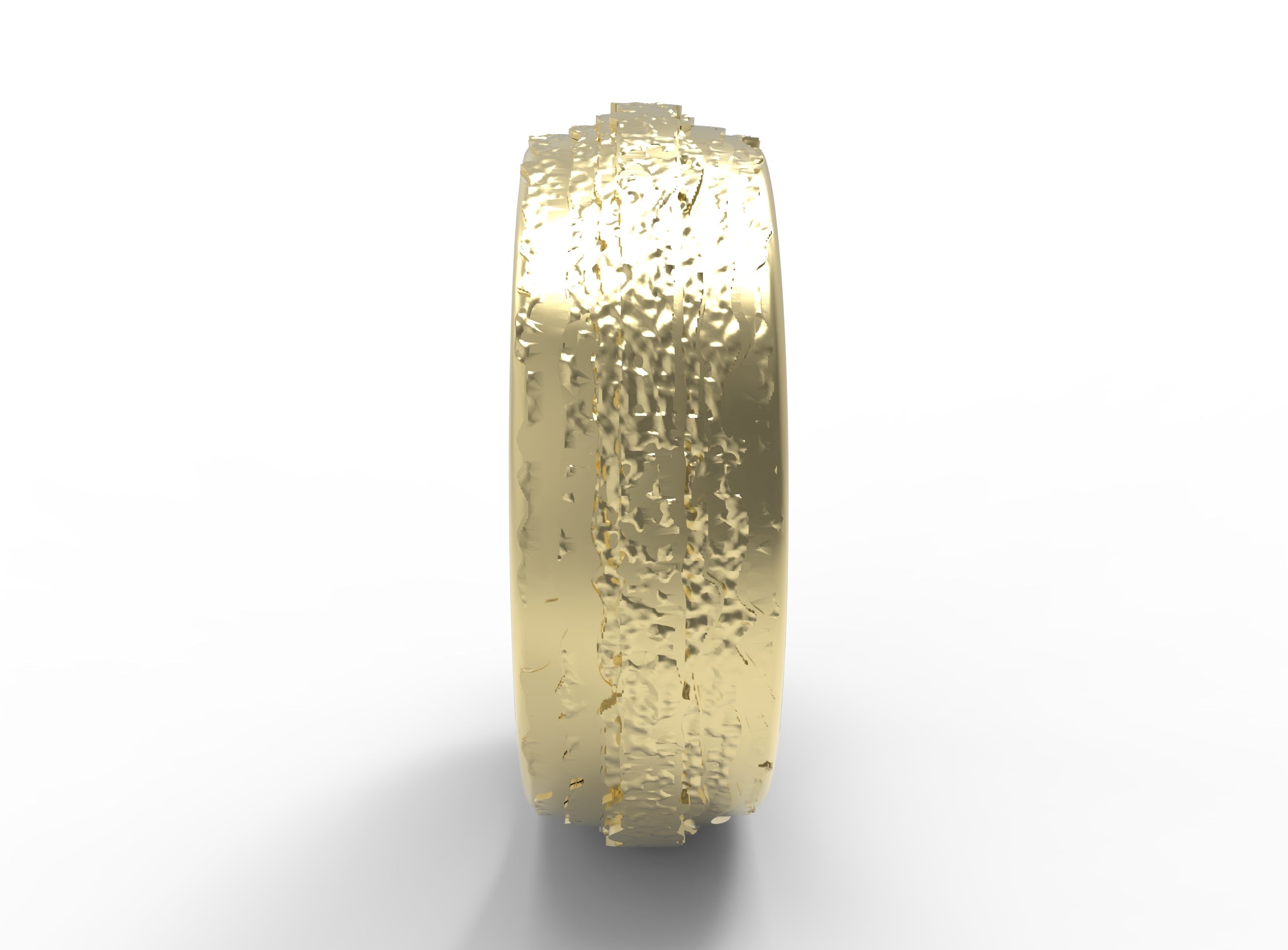 Close up of the mens Woodgrain wedding band in yellow gold 2