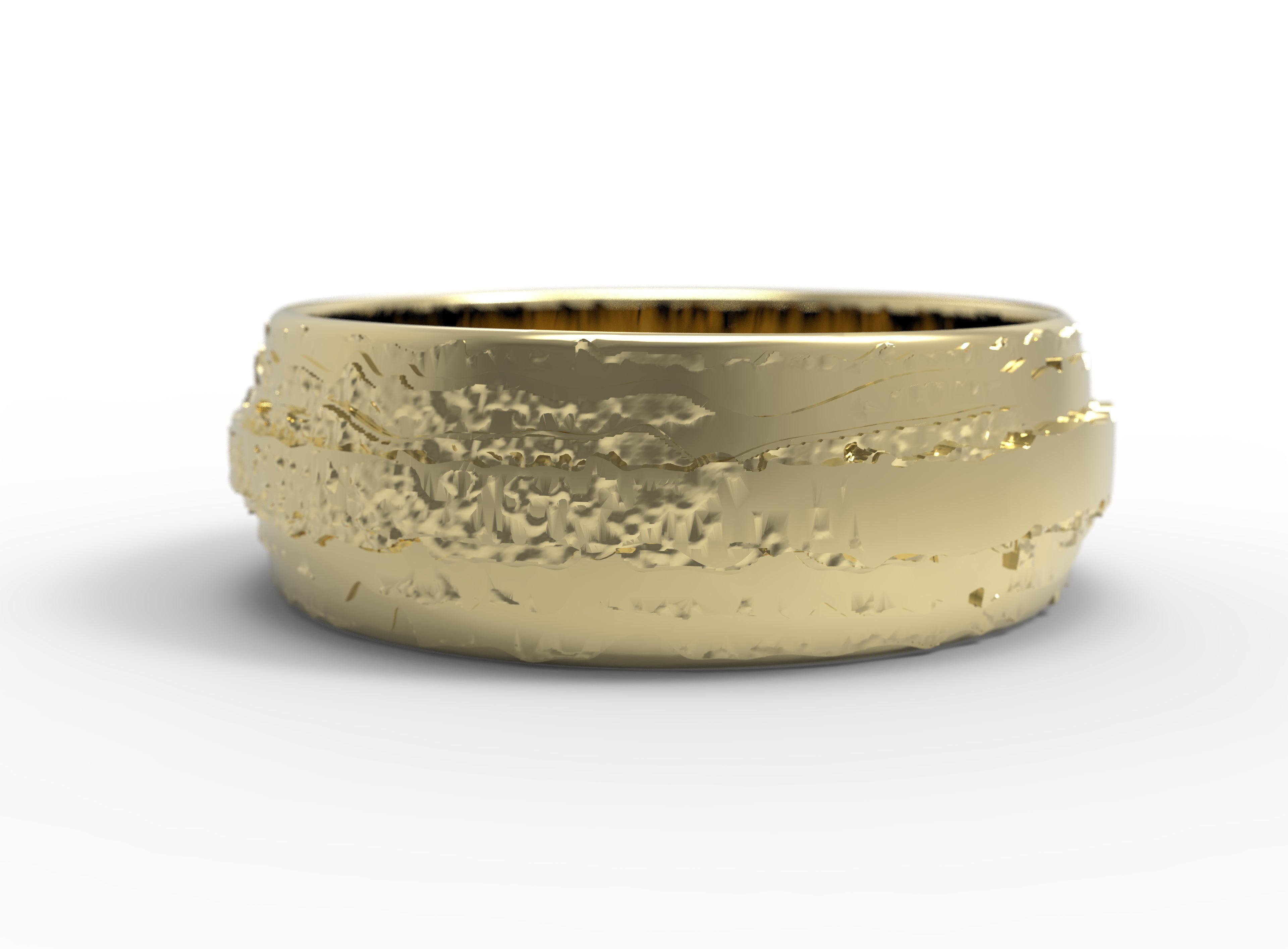 Close up of the mens Woodgrain wedding band in yellow gold