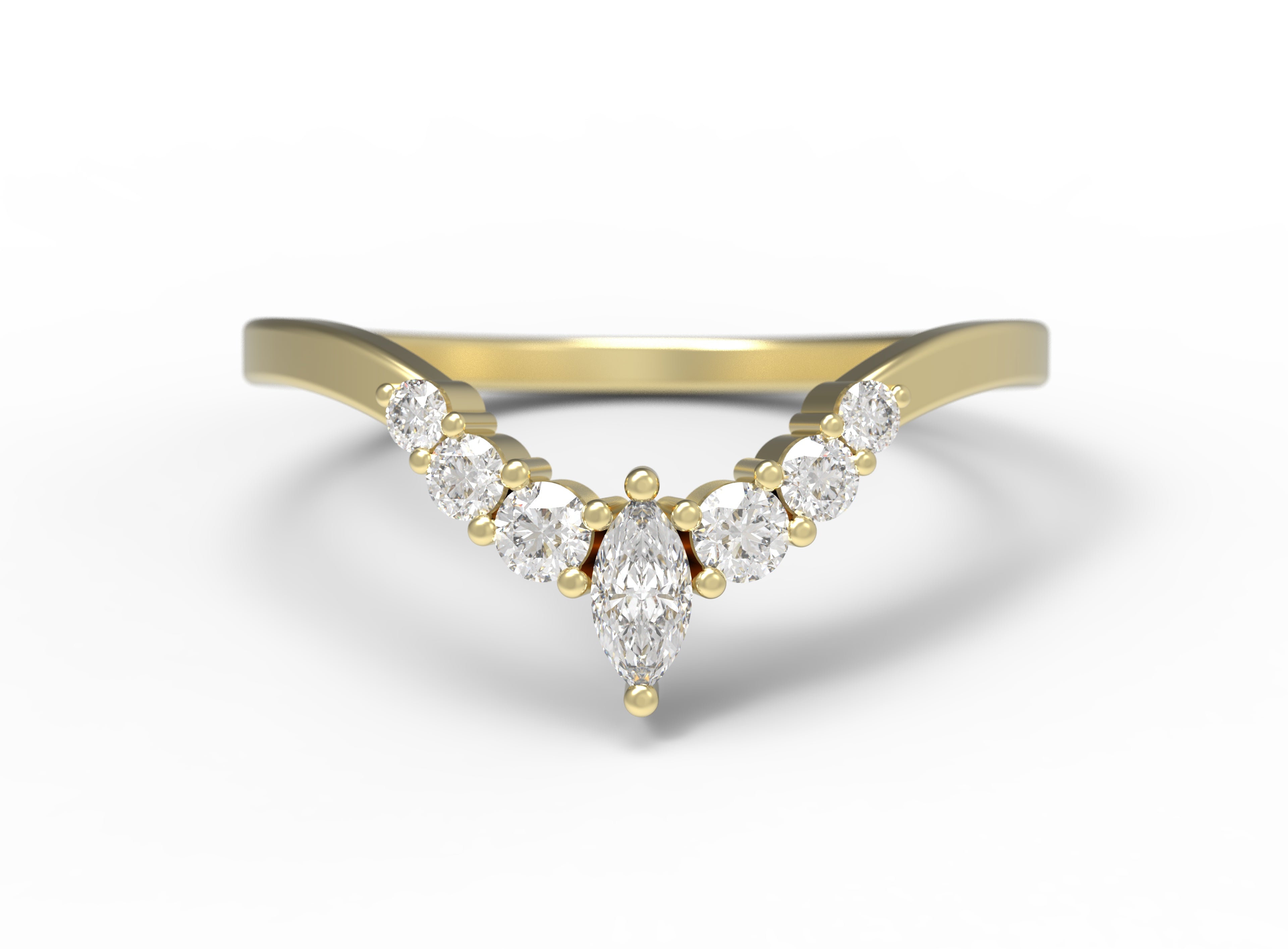 Close up of the Chevron Penelope womens wedding band by Fluid Jewellery in yellow gold