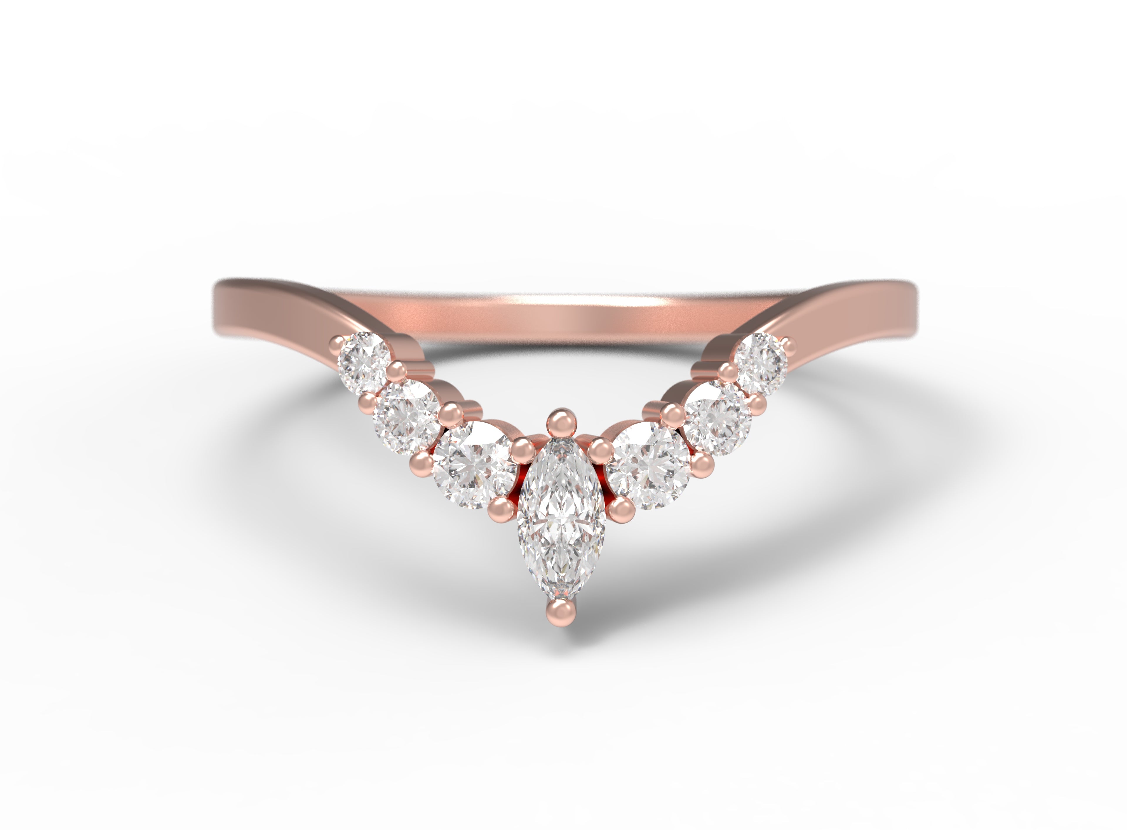 Close up of the Chevron Penelope womens wedding band by Fluid Jewellery in rose gold