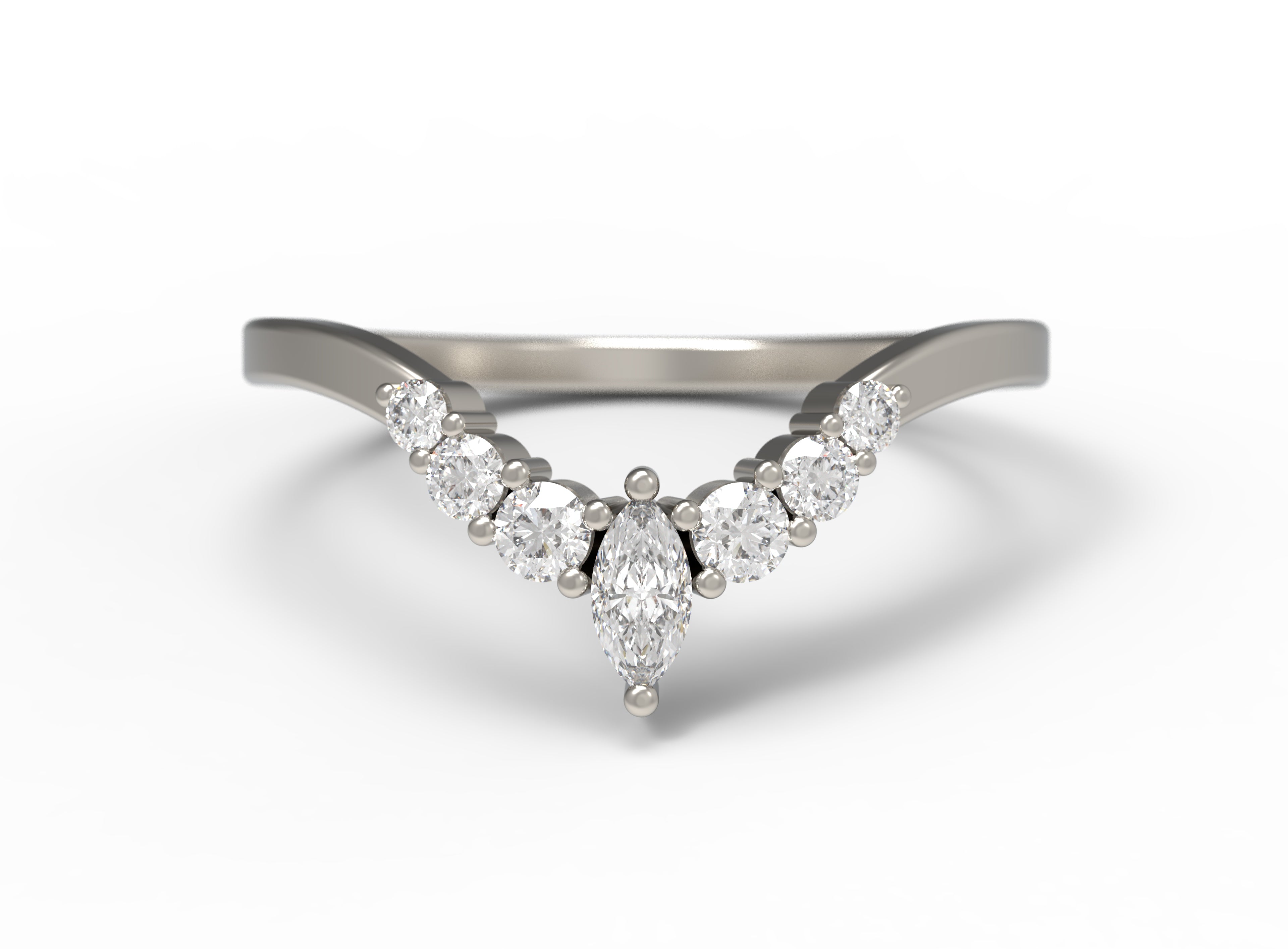 Close up of the Chevron Penelope womens wedding band by Fluid Jewellery in white gold