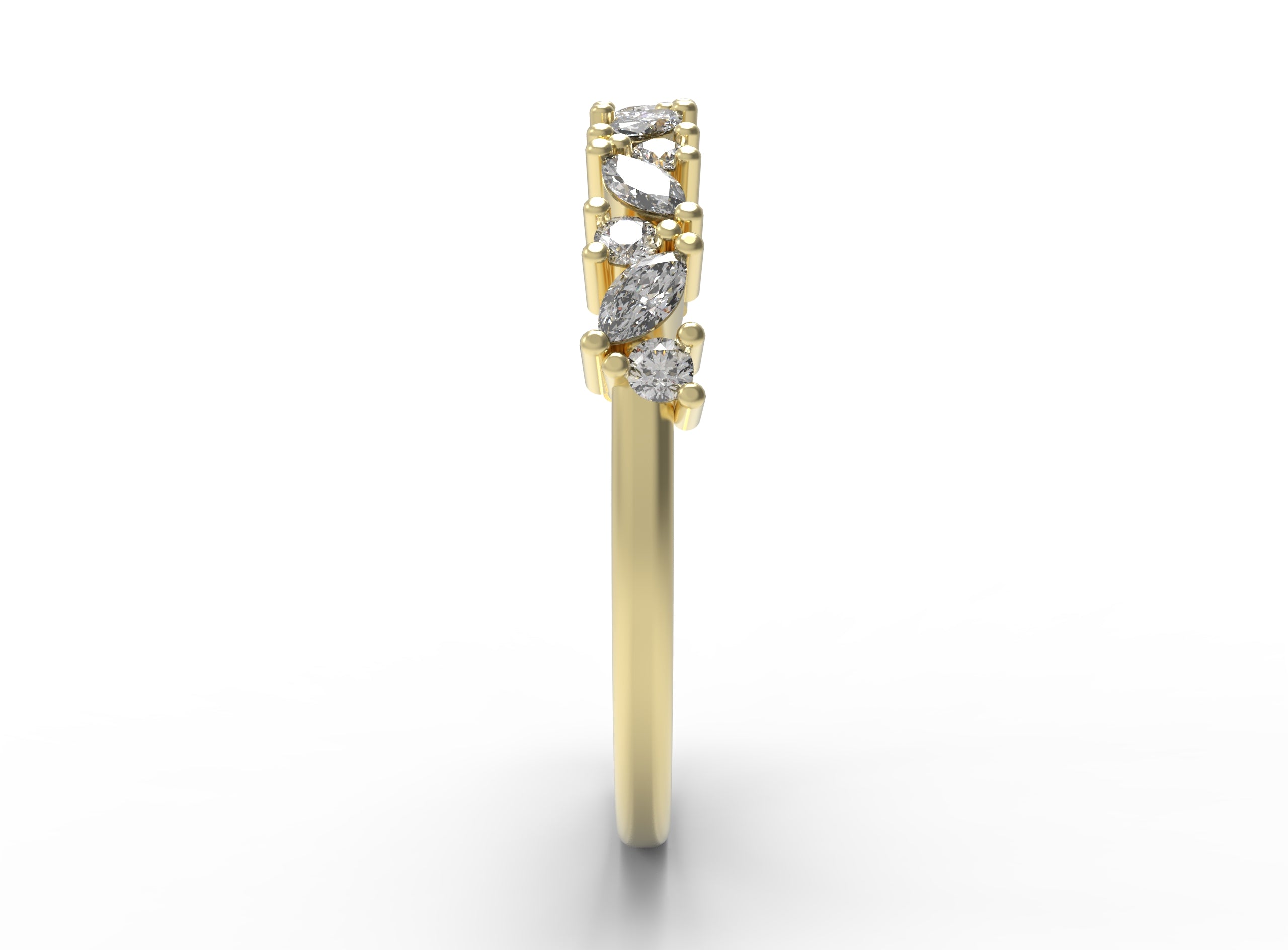Close up of the cluster Marissa womens wedding band by Fluid Jewellery in yellow gold 2