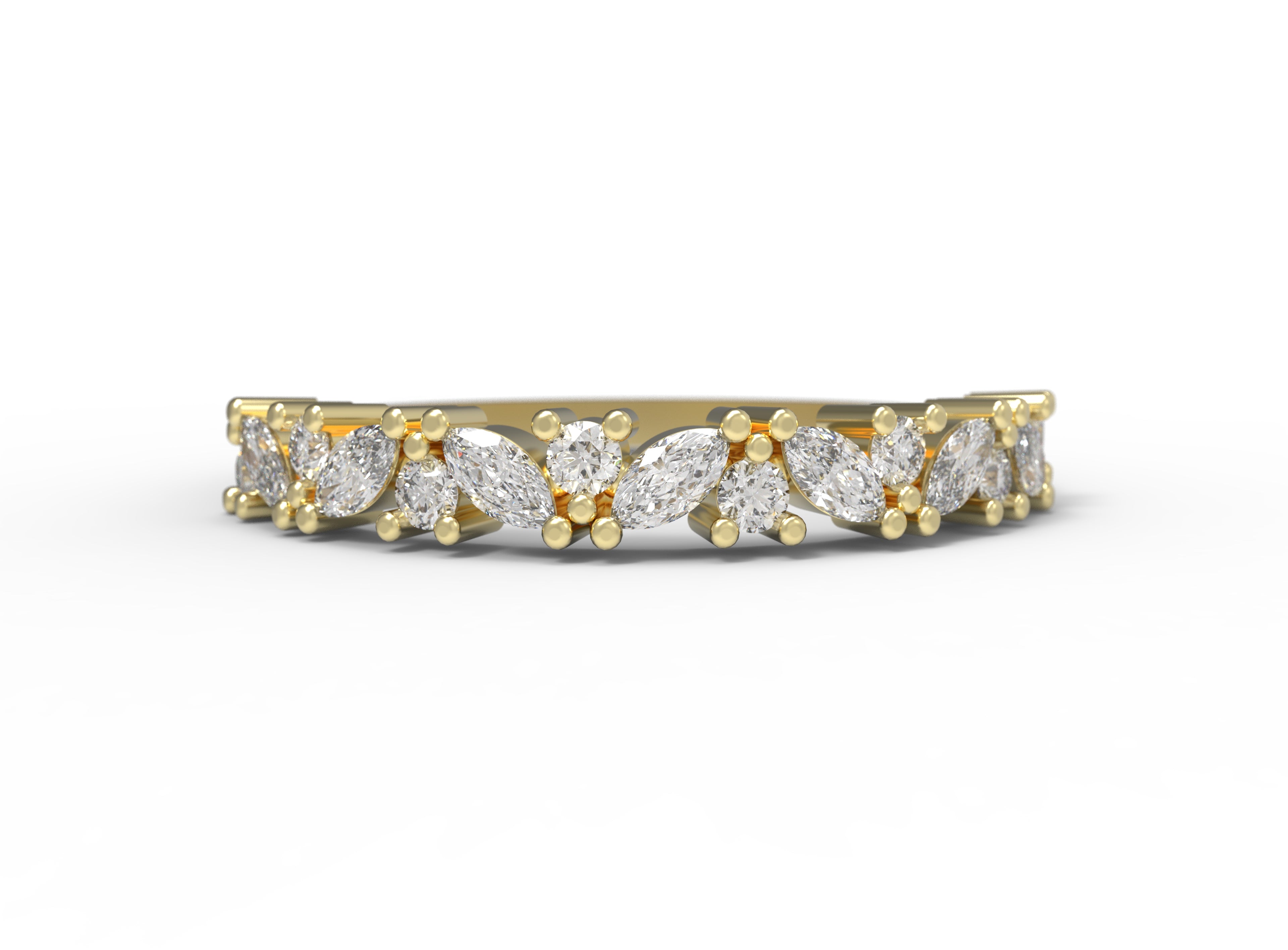 Close up of the cluster Marissa womens wedding band by Fluid Jewellery in yellow gold