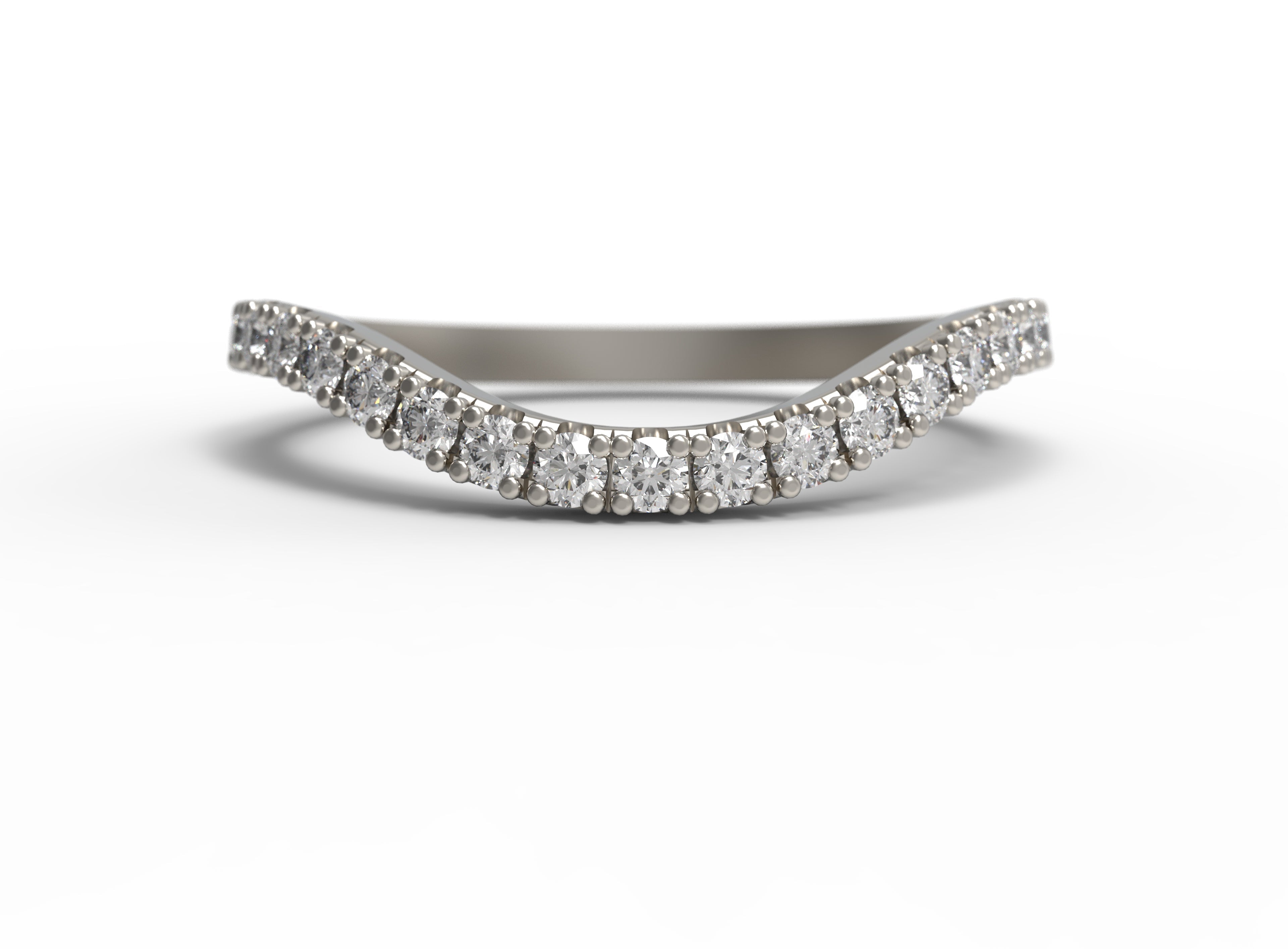 Close up of the curved Caia womens wedding band by Fluid Jewellery in white gold