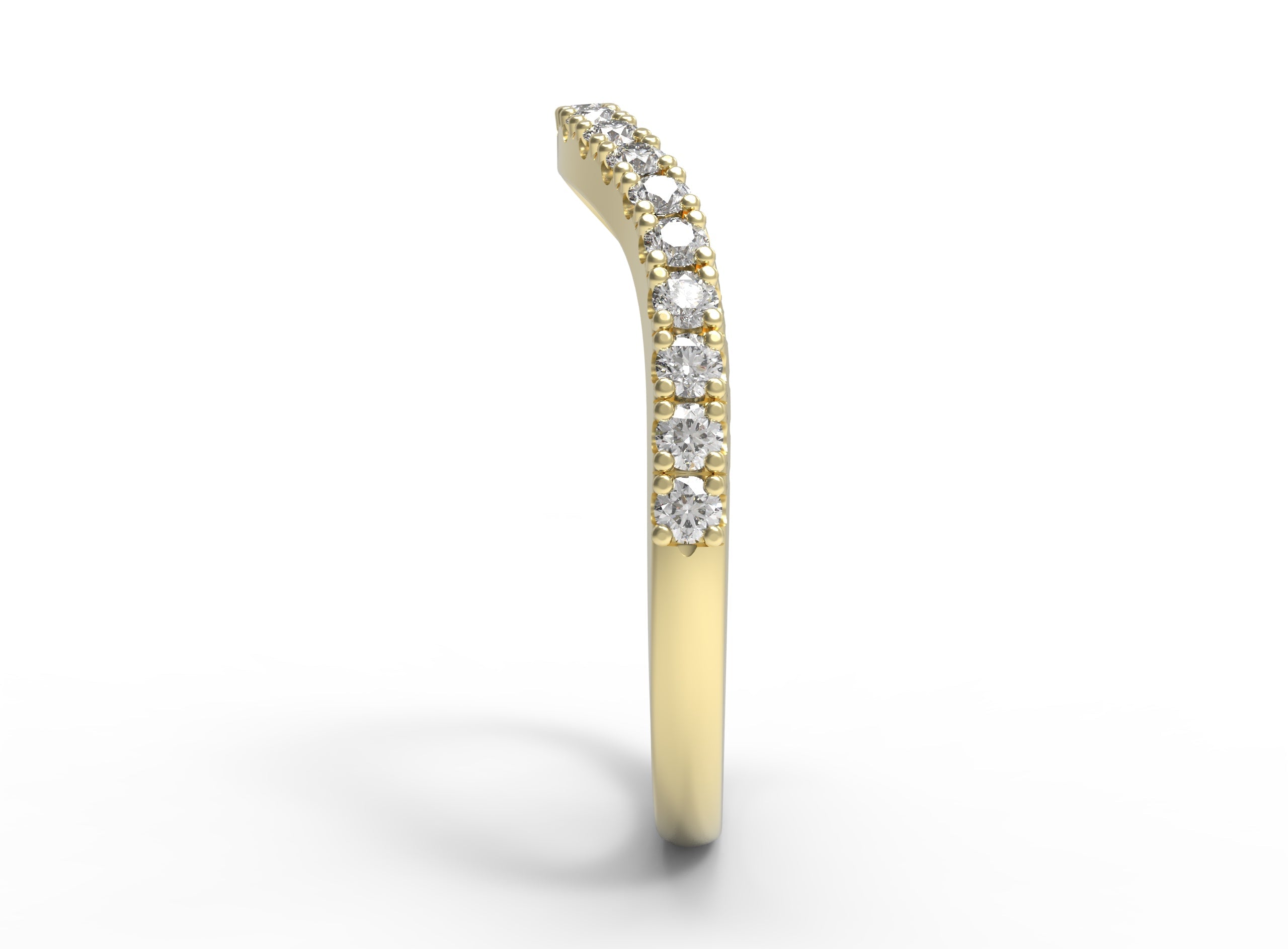 Close up of the curved Caia womens wedding band by Fluid Jewellery in yellow gold 3
