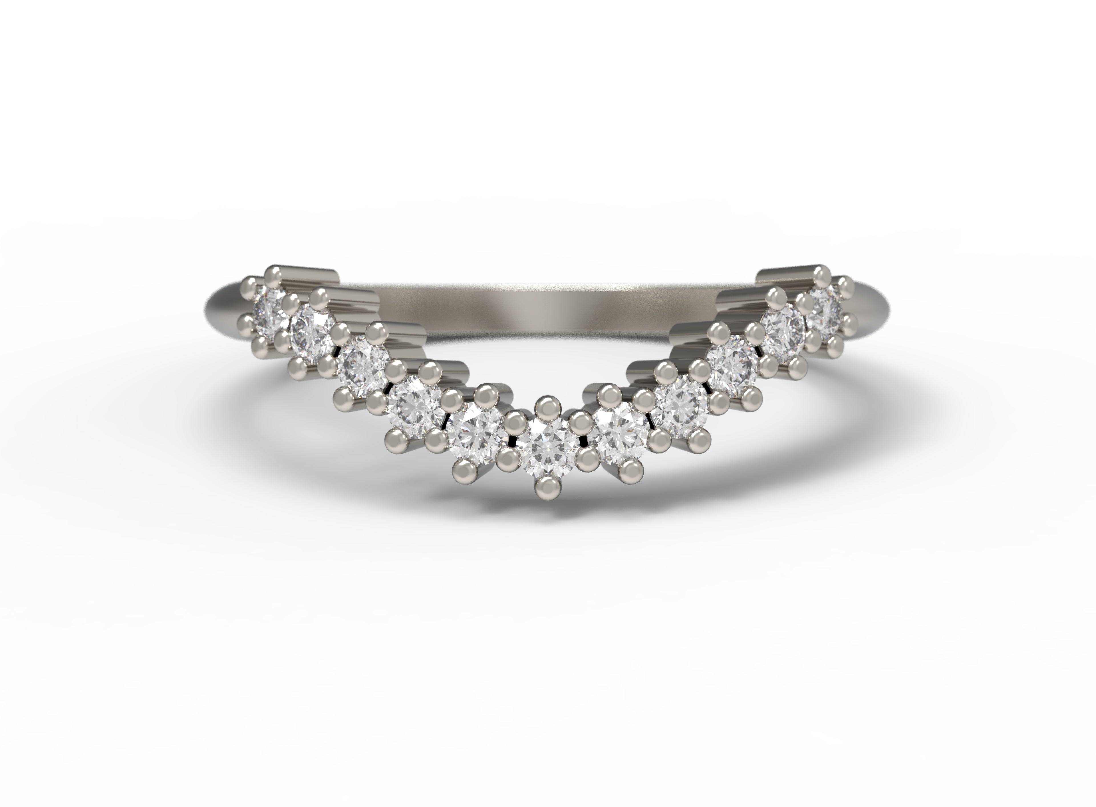 Close up of the curved Ida womens wedding band by Fluid Jewellery in white gold