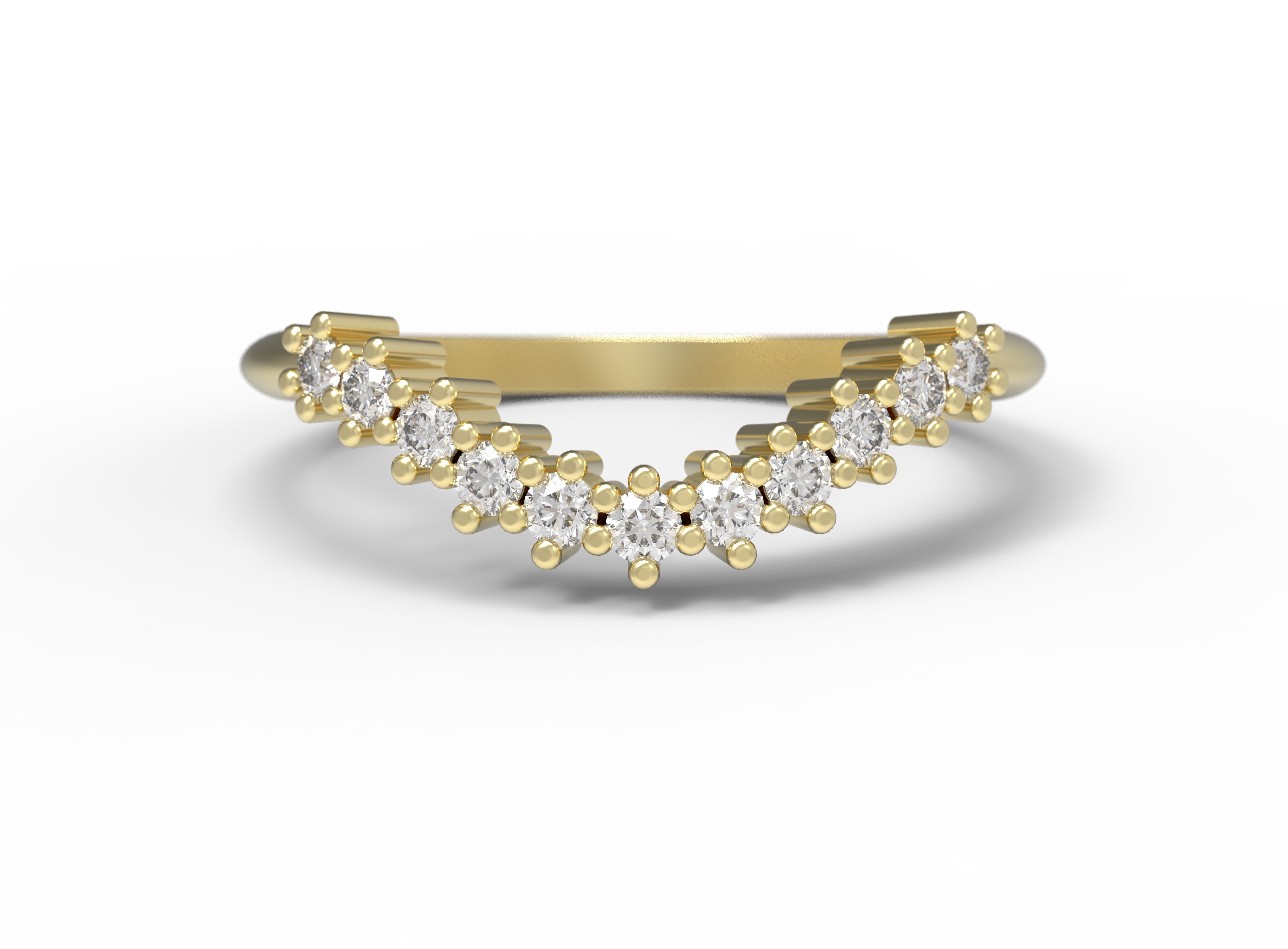 Close up of the curved Ida womens wedding band by Fluid Jewellery in yellow gold